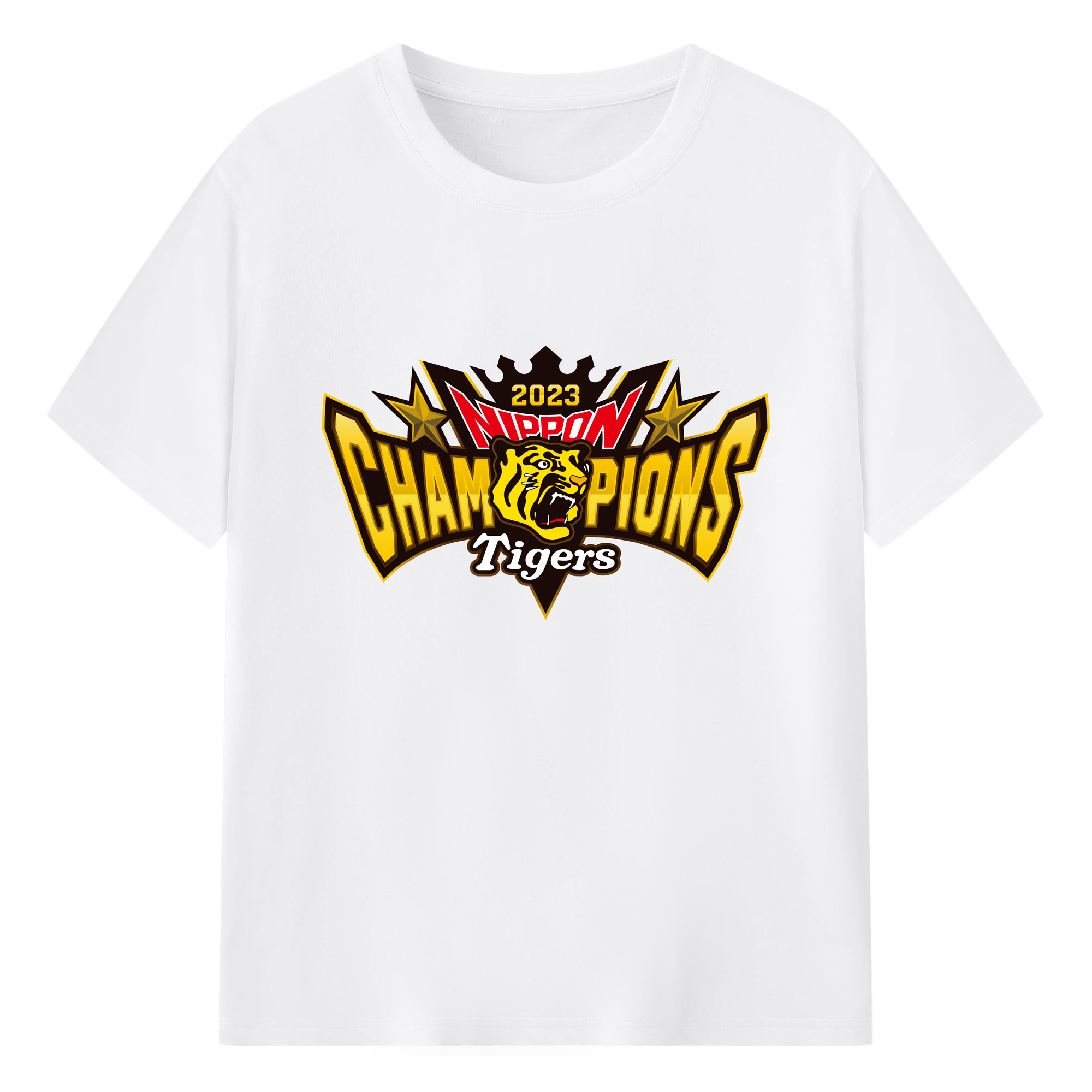 HANSHIN TIGERS 2023 NIPPON CHAMPIONS EMBLEM Logo - 綿100％ 半袖Tシャツ ・ フロントプリント ・ 快適 通気性 ・ 日常使い 散歩 スポーツ用