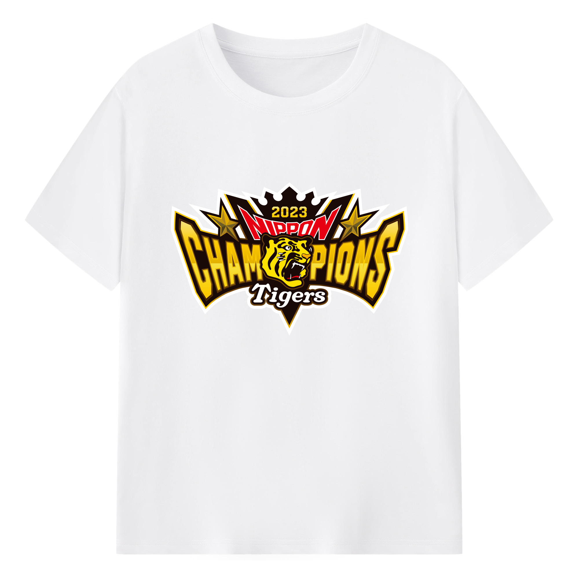HANSHIN TIGERS 2023 NIPPON CHAMPIONS ORIGINAL EMBLEM APPLICATION BACKGROUND Logo - 綿100％ 半袖Tシャツ ・ フロントプリント ・ 快適 通気性 ・ 日常使い 散歩 スポーツ用