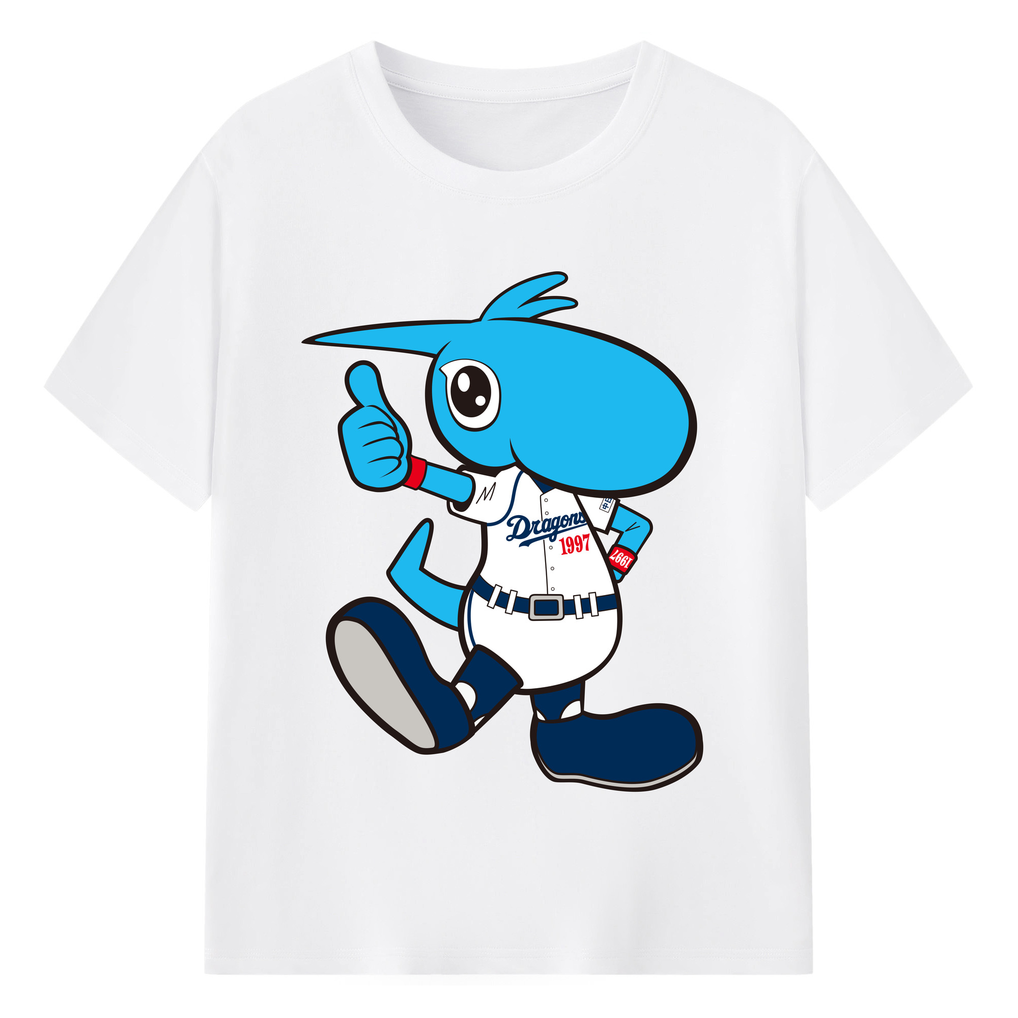 CHUNICHI DRAGONS MASCOT SHAOLON 2012 2013 HOME UNIFORM APPLICATION THUMS UP Logo - 綿100％ 半袖Tシャツ ・ フロントプリント ・ 快適 通気性 ・ 日常使い 散歩 スポーツ用