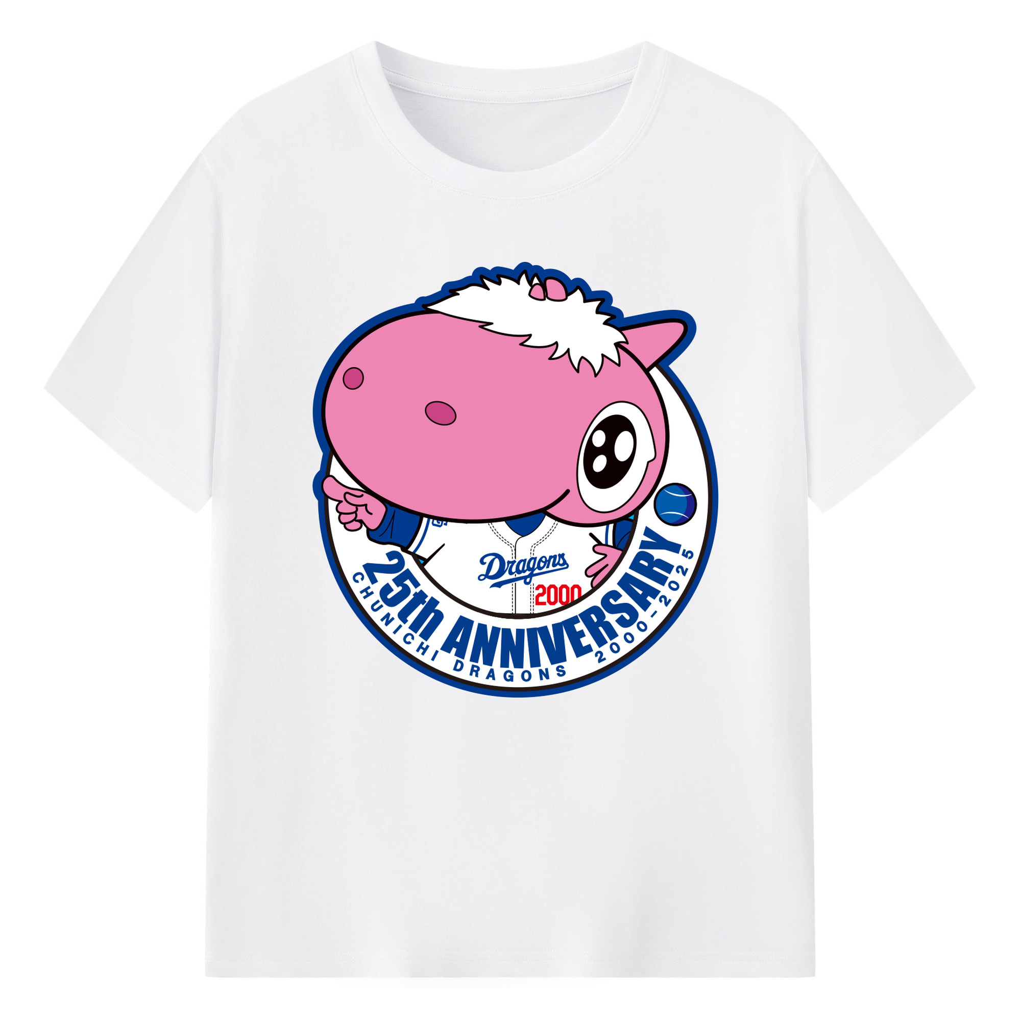 CHUNICHI DRAGONS MASCOT PAOLON 25TH ANNIVERSARY EMBLEM Logo - 綿100％ 半袖Tシャツ ・ フロントプリント ・ 快適 通気性 ・ 日常使い 散歩 スポーツ用