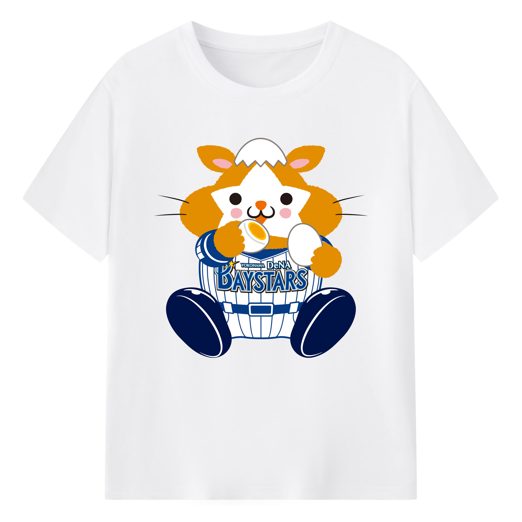 YOKOHAMA DeNA BAYSTARS MASCOT DB.STARMAN APPLICATION EAT EGG Logo - 綿100％ 半袖Tシャツ ・ フロントプリント ・ 快適 通気性 ・ 日常使い 散歩 スポーツ用