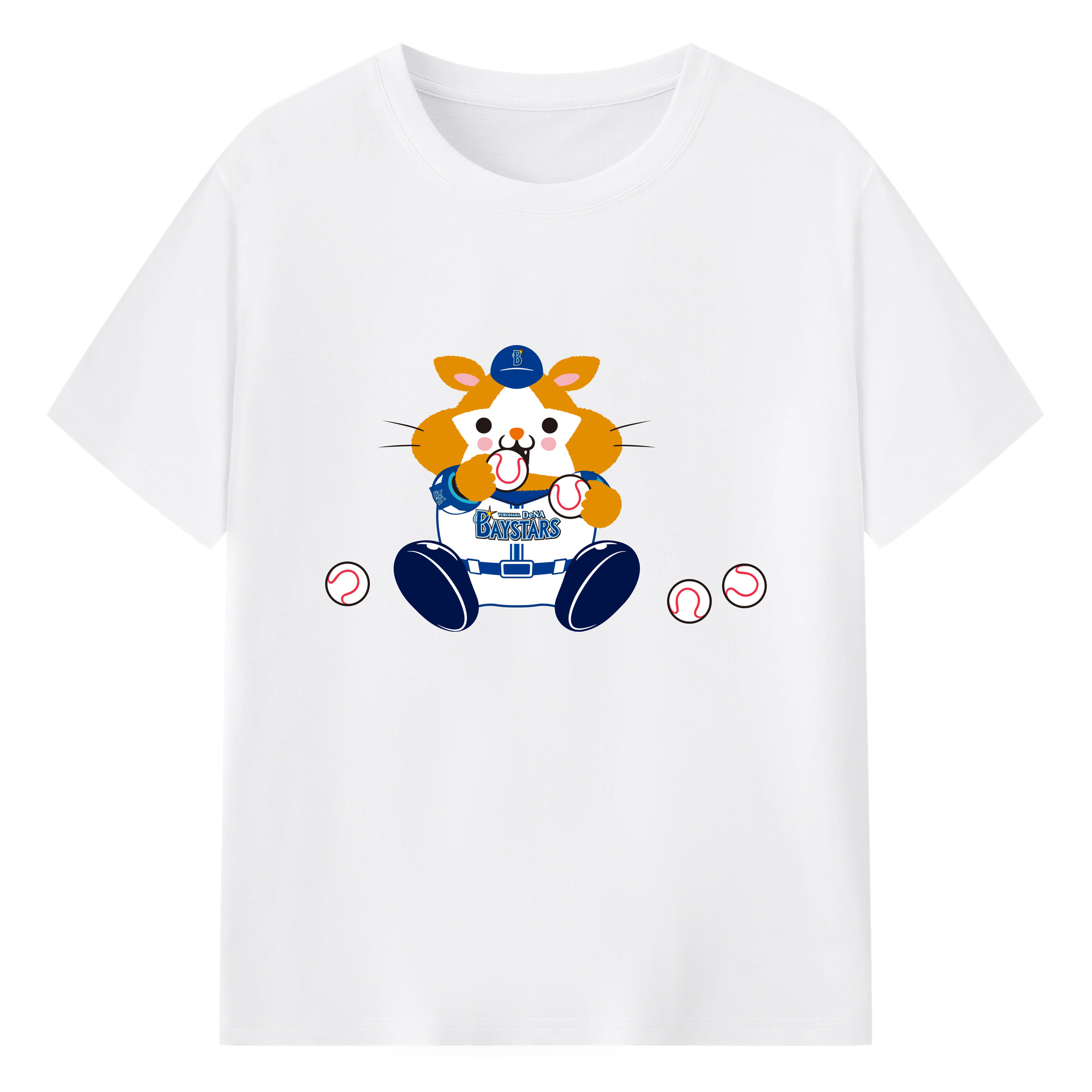 YOKOHAMA DeNA BAYSTARS MASCOT DB.STARMAN 2023 HOME UNIFORM APPLICATION EAT BALLS Logo - 綿100％ 半袖Tシャツ ・ フロントプリント ・ 快適 通気性 ・ 日常使い 散歩 スポーツ用