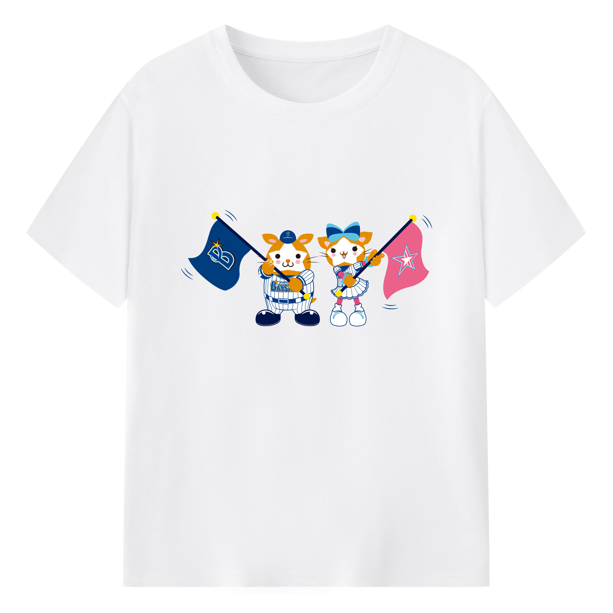 YOKOHAMA DeNA BAYSTARS MASCOTS Logo - 綿100％ 半袖Tシャツ ・ フロントプリント ・ 快適 通気性 ・ 日常使い 散歩 スポーツ用