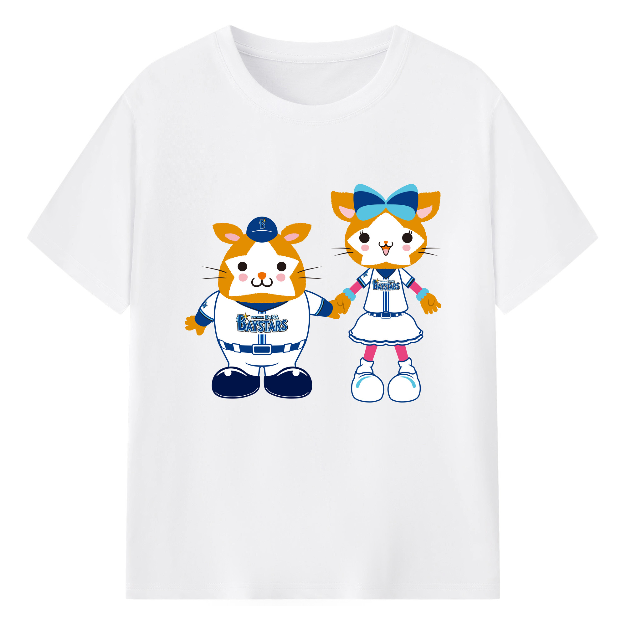 YOKOHAMA DeNA BAYSTARS MASCOT DB.STARMAN DB.KIRARA 2023 HOME UNIFORM HAND-IN-HAND Logo - 綿100％ 半袖Tシャツ ・ フロントプリント ・ 快適 通気性 ・ 日常使い 散歩 スポーツ用