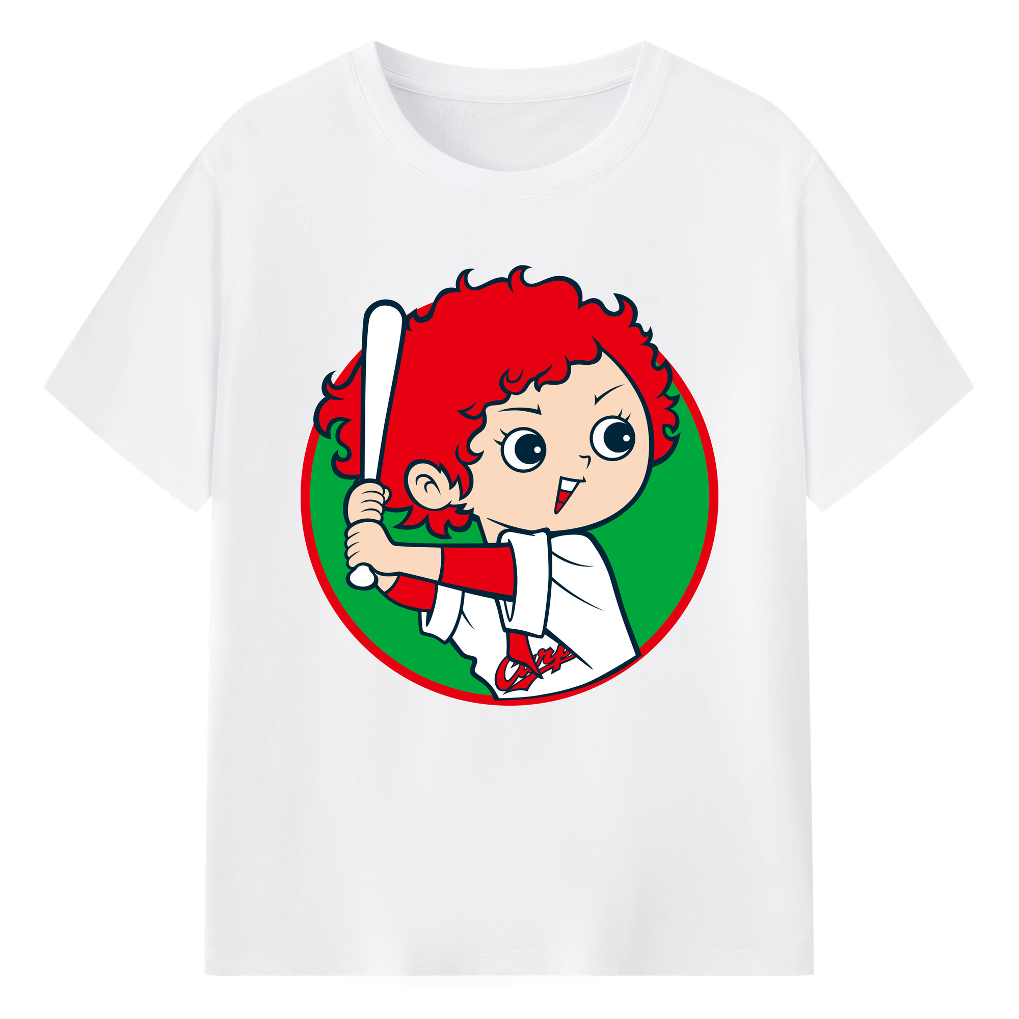HIROSHIMA TOYO CARP MASCOT APPLICATION CARP BOYA WOMAN Logo - 綿100％ 半袖Tシャツ ・ フロントプリント ・ 快適 通気性 ・ 日常使い 散歩 スポーツ用