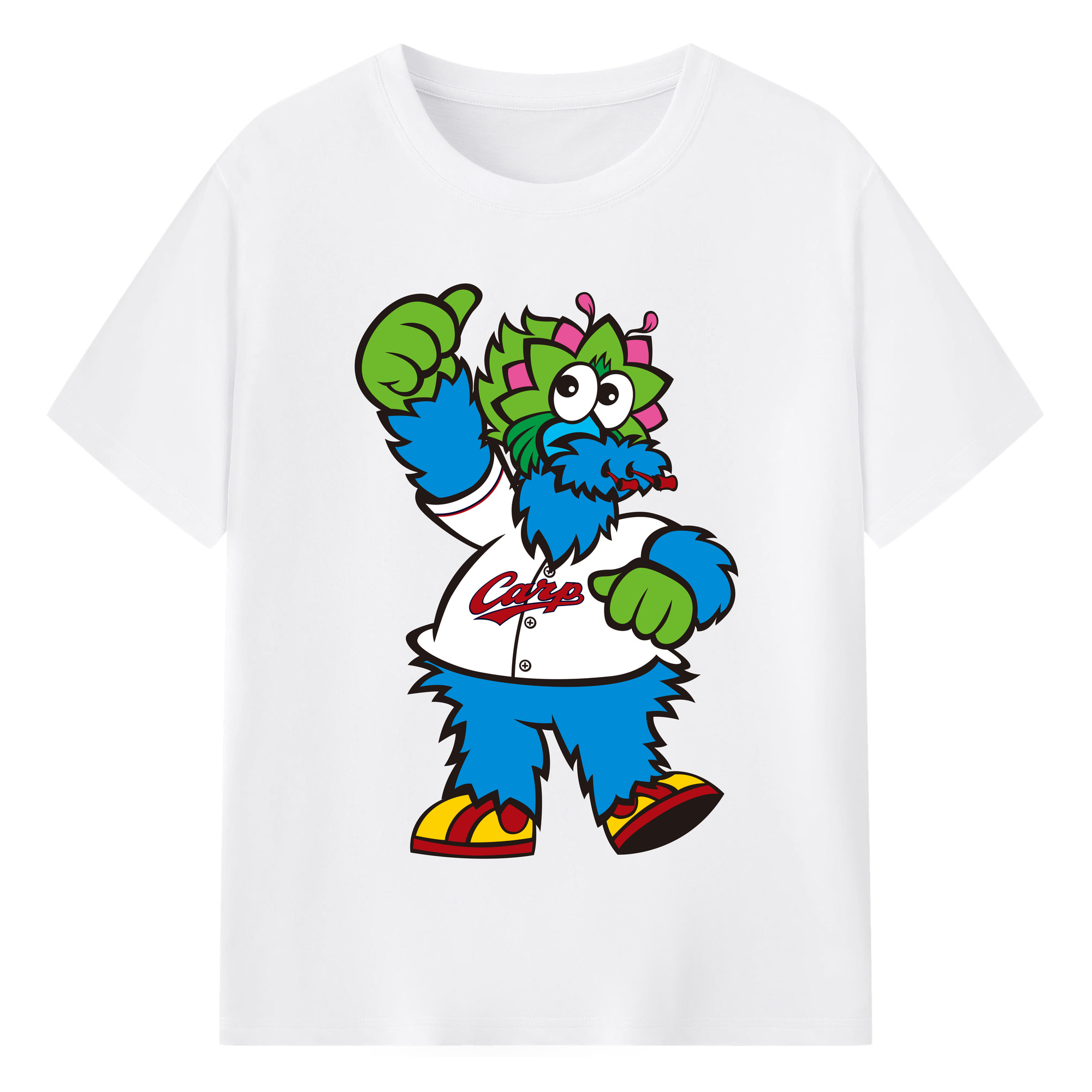 HIROSHIMA TOYO CARP MASCOT SLYLY 2023 HOME UNIFORM APPLICATION THUMS UP Logo - 綿100％ 半袖Tシャツ ・ フロントプリント ・ 快適 通気性 ・ 日常使い 散歩 スポーツ用