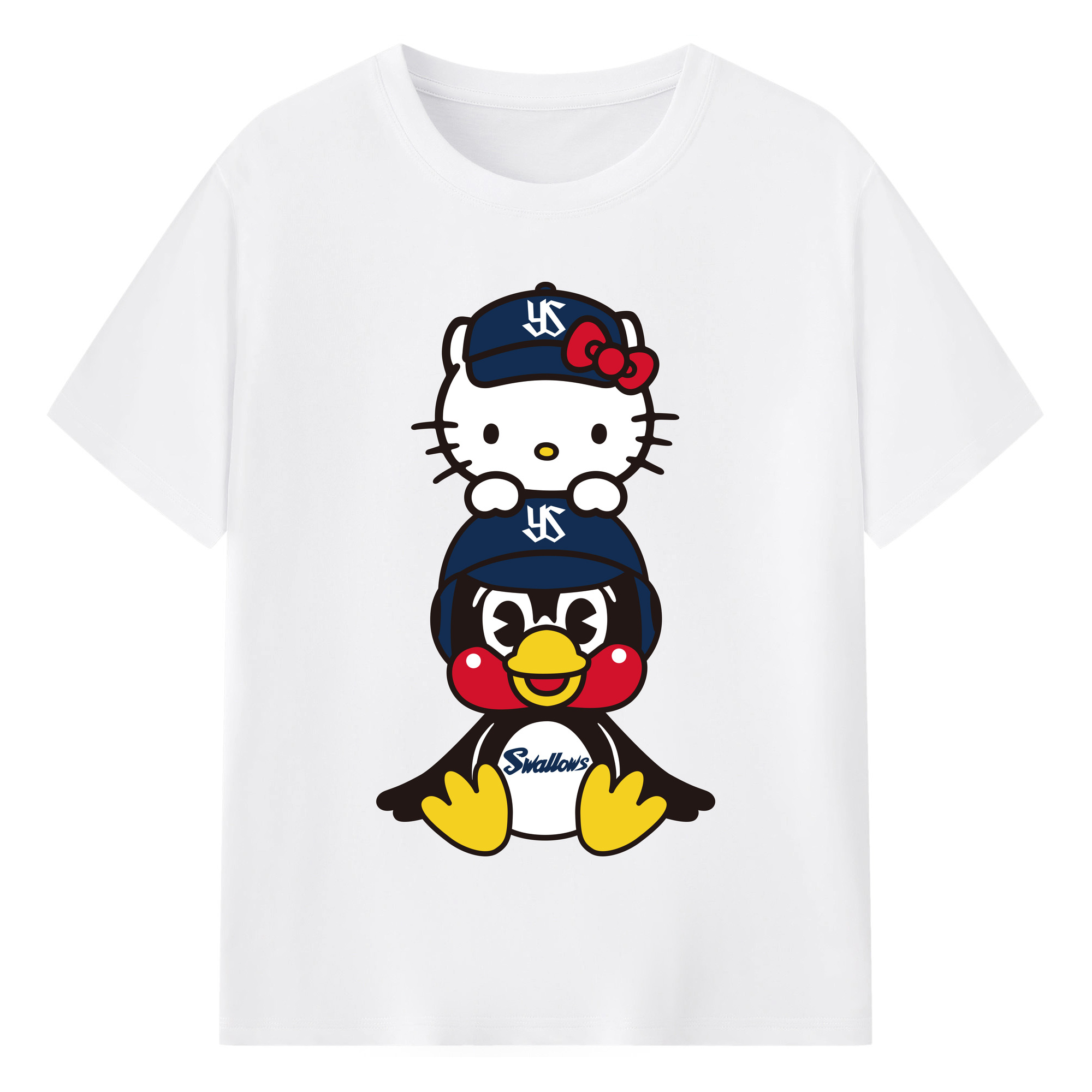 TOKYO YAKULT SWALLOWS MASCOT TSUBAKURO HELLO KITTY Logo - 綿100％ 半袖Tシャツ ・ フロントプリント ・ 快適 通気性 ・ 日常使い 散歩 スポーツ用