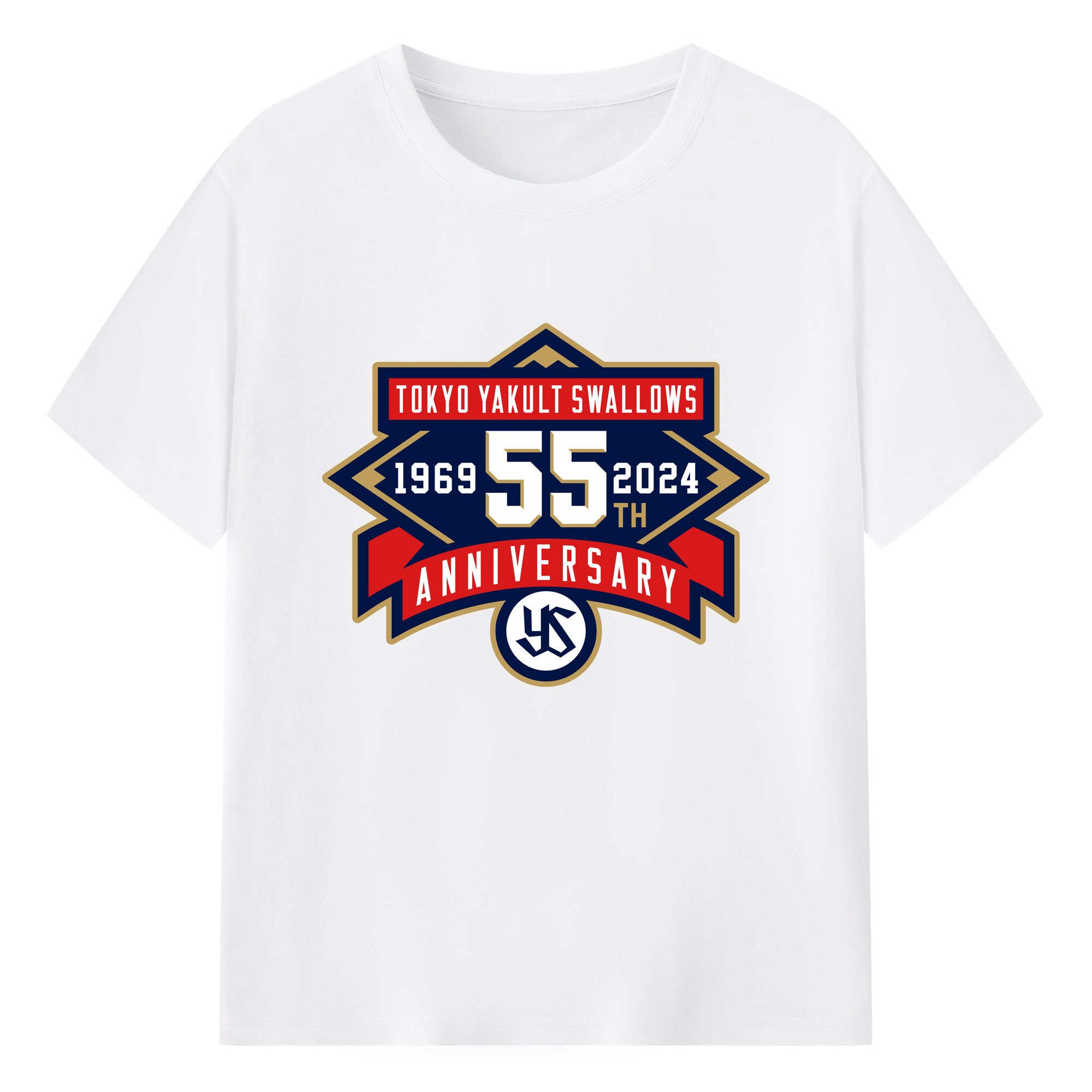 TOKYO YAKULT SWALLOWS 55TH ANNIVERSARY EMBLEM Logo - 綿100％ 半袖Tシャツ ・ フロントプリント ・ 快適 通気性 ・ 日常使い 散歩 スポーツ用