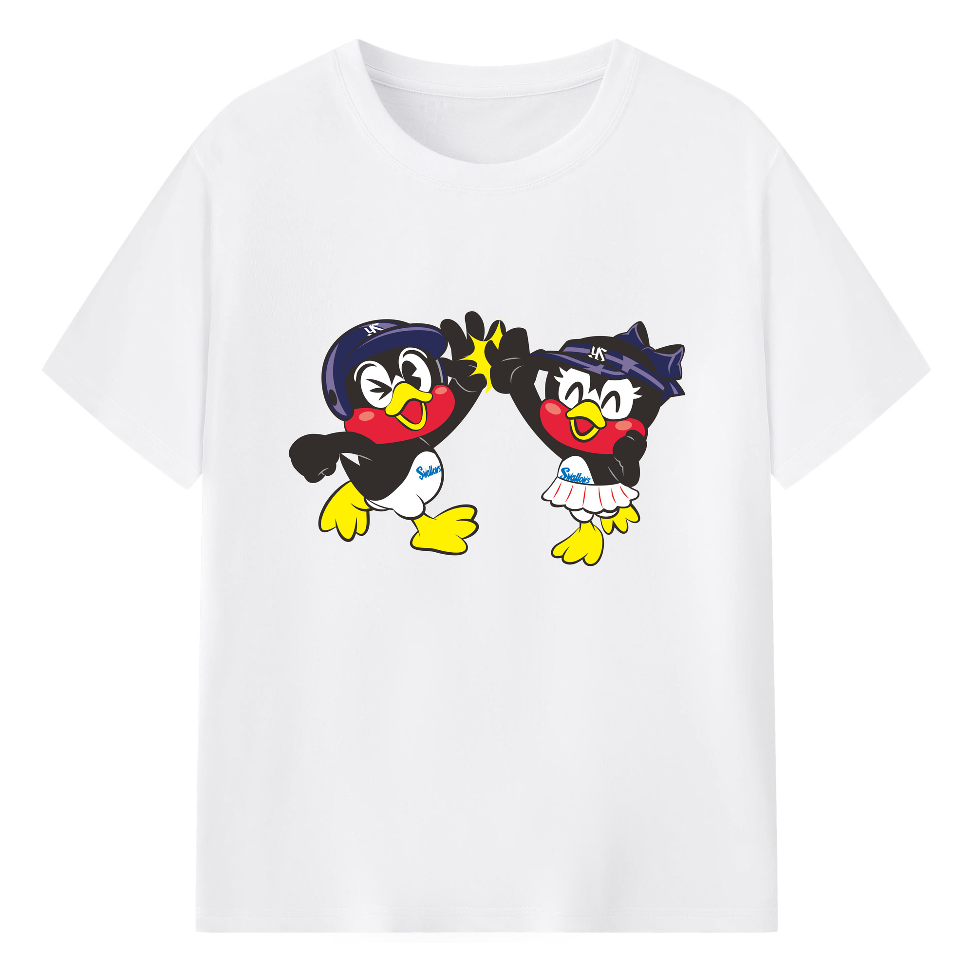 TOKYO YAKULT SWALLOWS MASCOT TSUBAKURO TSUBAMI APPLICATION HIGH FIVE Logo - 綿100％ 半袖Tシャツ ・ フロントプリント ・ 快適 通気性 ・ 日常使い 散歩 スポーツ用