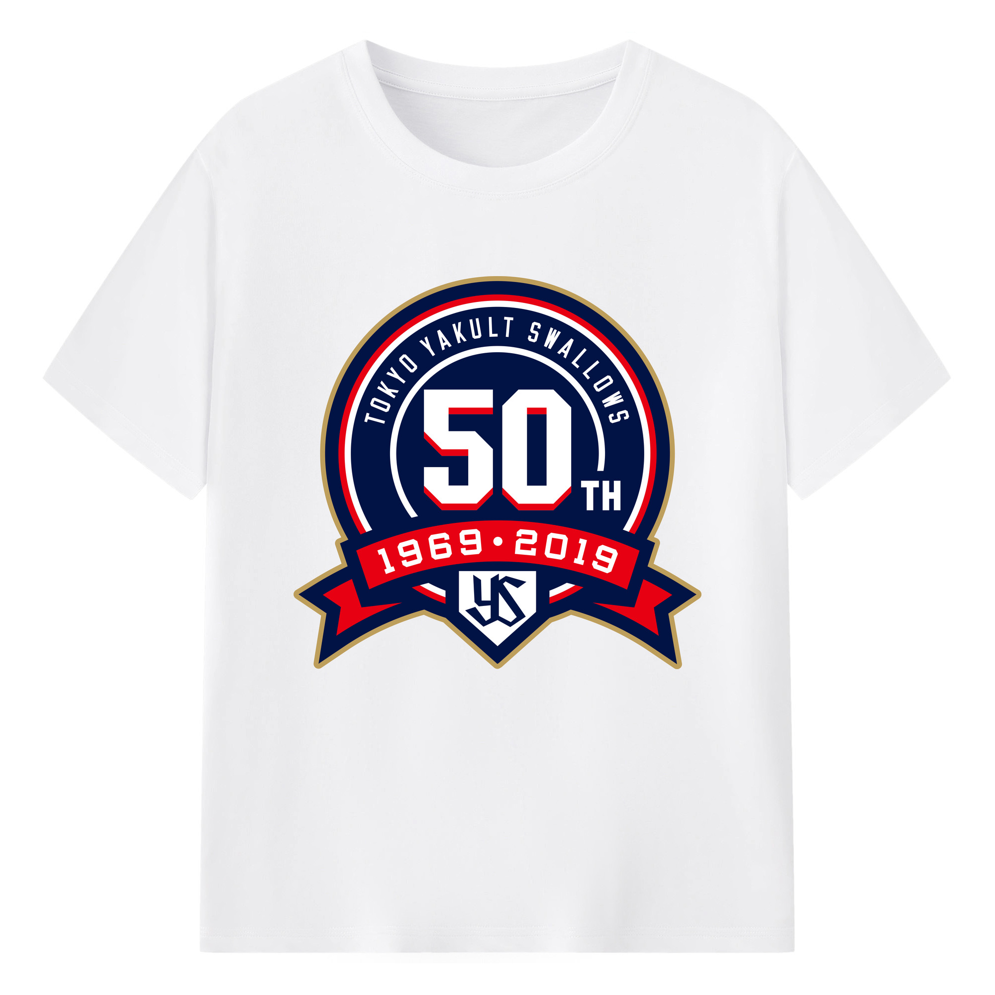 TOKYO YAKULT SWALLOWS 50TH ANNIVERSARY EMBLEM Logo - 綿100％ 半袖Tシャツ ・ フロントプリント ・ 快適 通気性 ・ 日常使い 散歩 スポーツ用