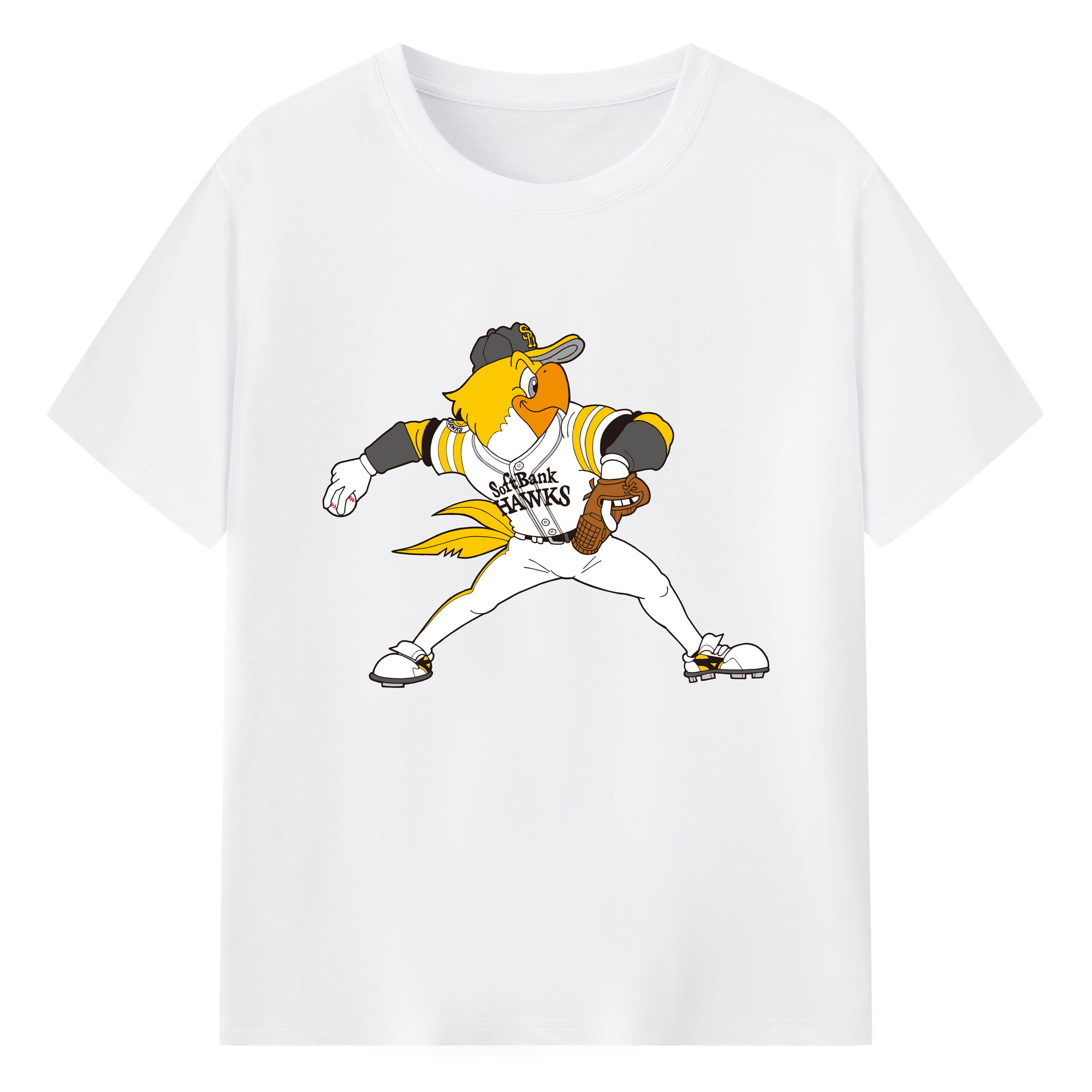 FUKUOKA SOFTBANK HAWKS MASCOT HARRY HAWK APPLICATION WINDUP PITCHING Logo - 綿100％ 半袖Tシャツ ・ フロントプリント ・ 快適 通気性 ・ 日常使い 散歩 スポーツ用