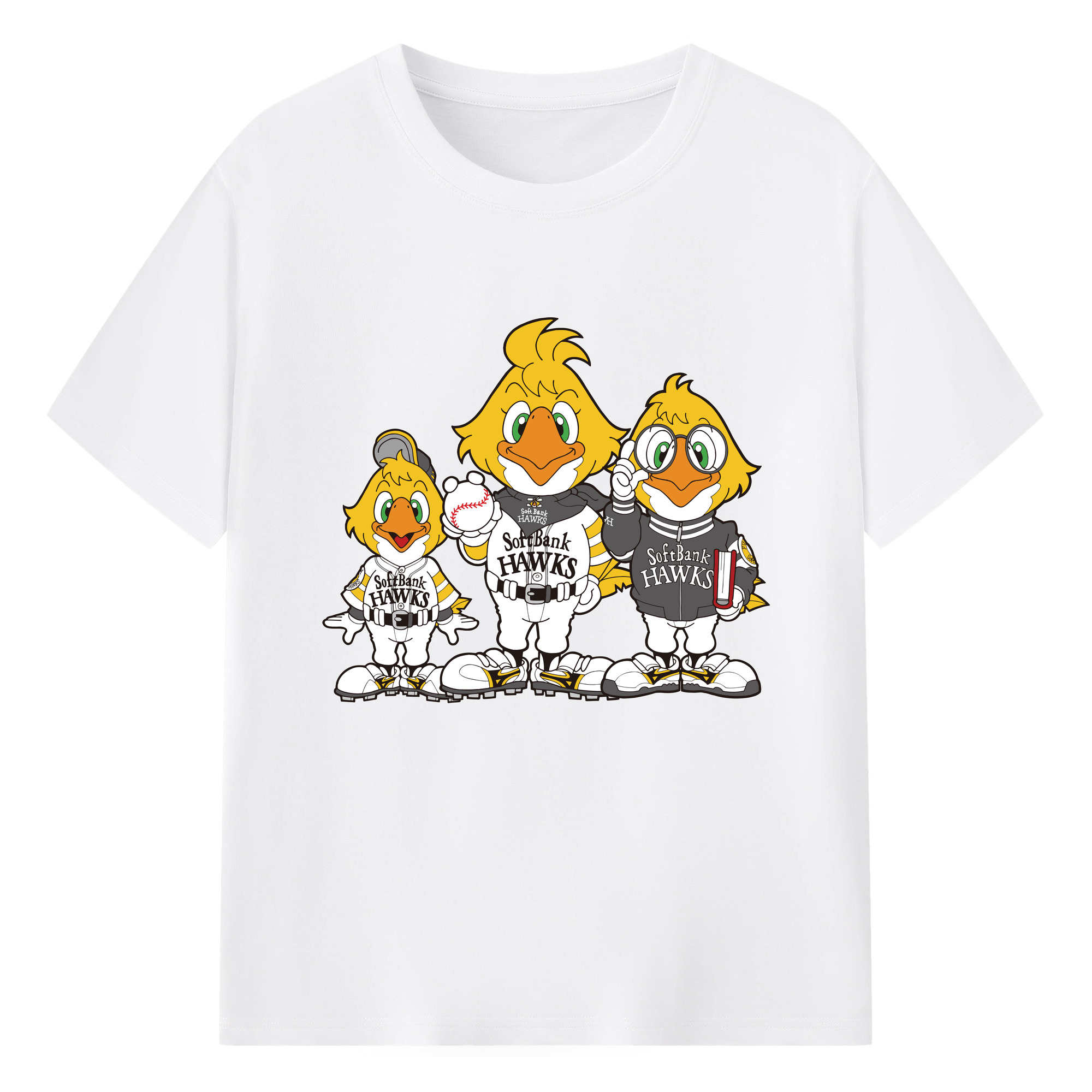 FUKUOKA SOFTBANK HAWKS MASCOT RICK HAWK HACK HAWK HOCK HAWK Logo - 綿100％ 半袖Tシャツ ・ フロントプリント ・ 快適 通気性 ・ 日常使い 散歩 スポーツ用