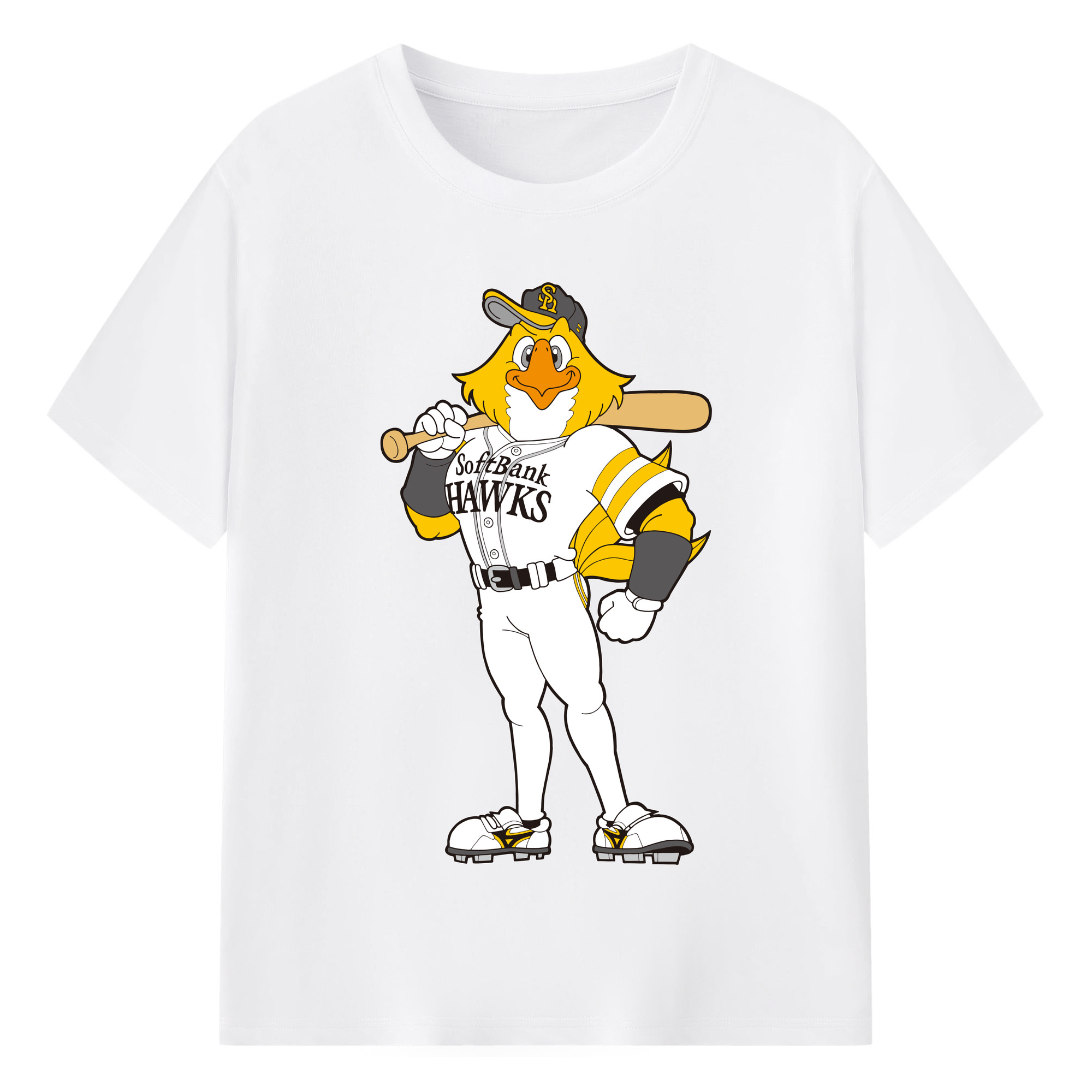 FUKUOKA SOFTBANK HAWKS MASCOT HARRY HAWK APPLICATION STAND BAT Logo - 綿100％ 半袖Tシャツ ・ フロントプリント ・ 快適 通気性 ・ 日常使い 散歩 スポーツ用