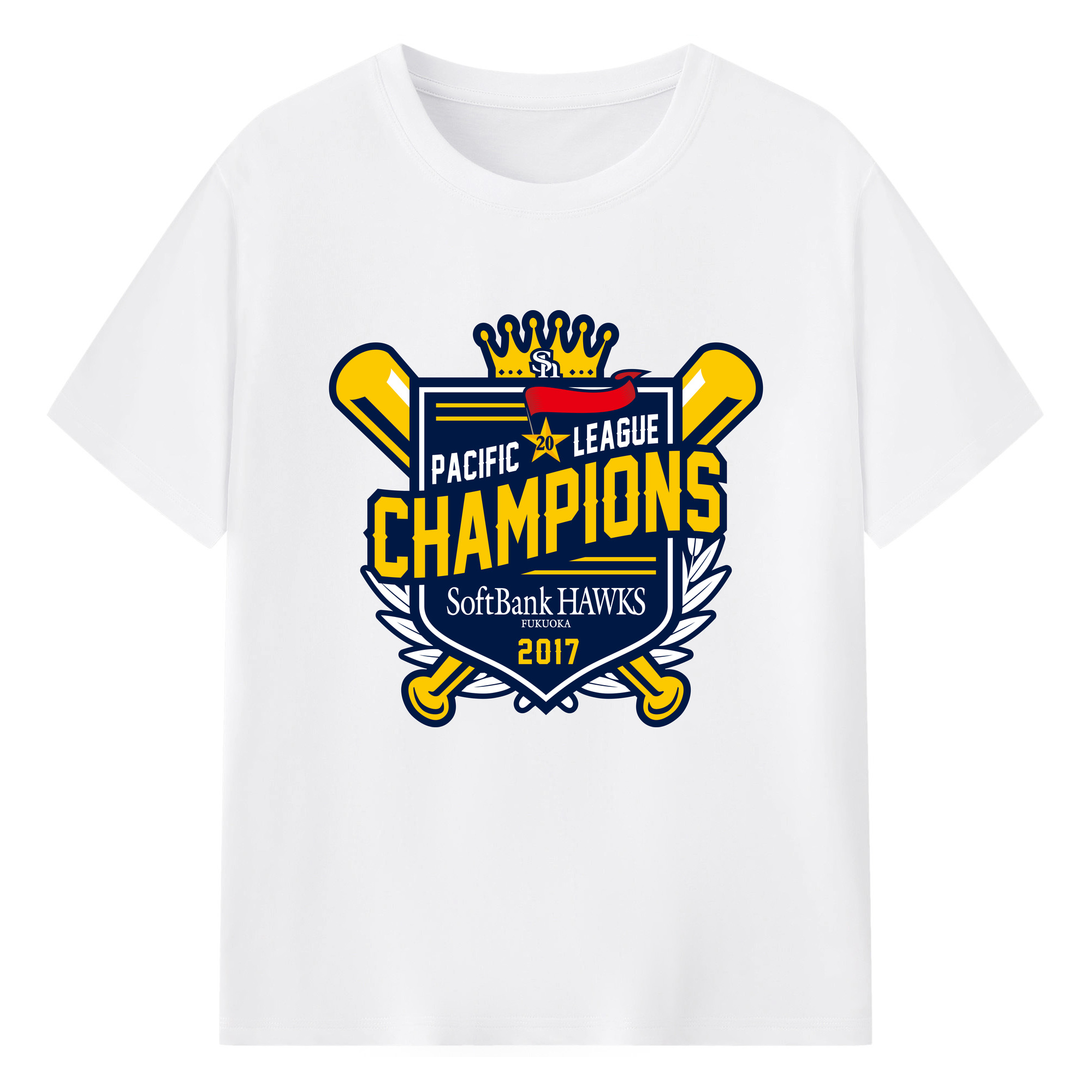FUKUOKA SOFTBANK HAWKS PACIFIC LEAGUE 2017 CHAMPIONS Logo - 綿100％ 半袖Tシャツ ・ フロントプリント ・ 快適 通気性 ・ 日常使い 散歩 スポーツ用