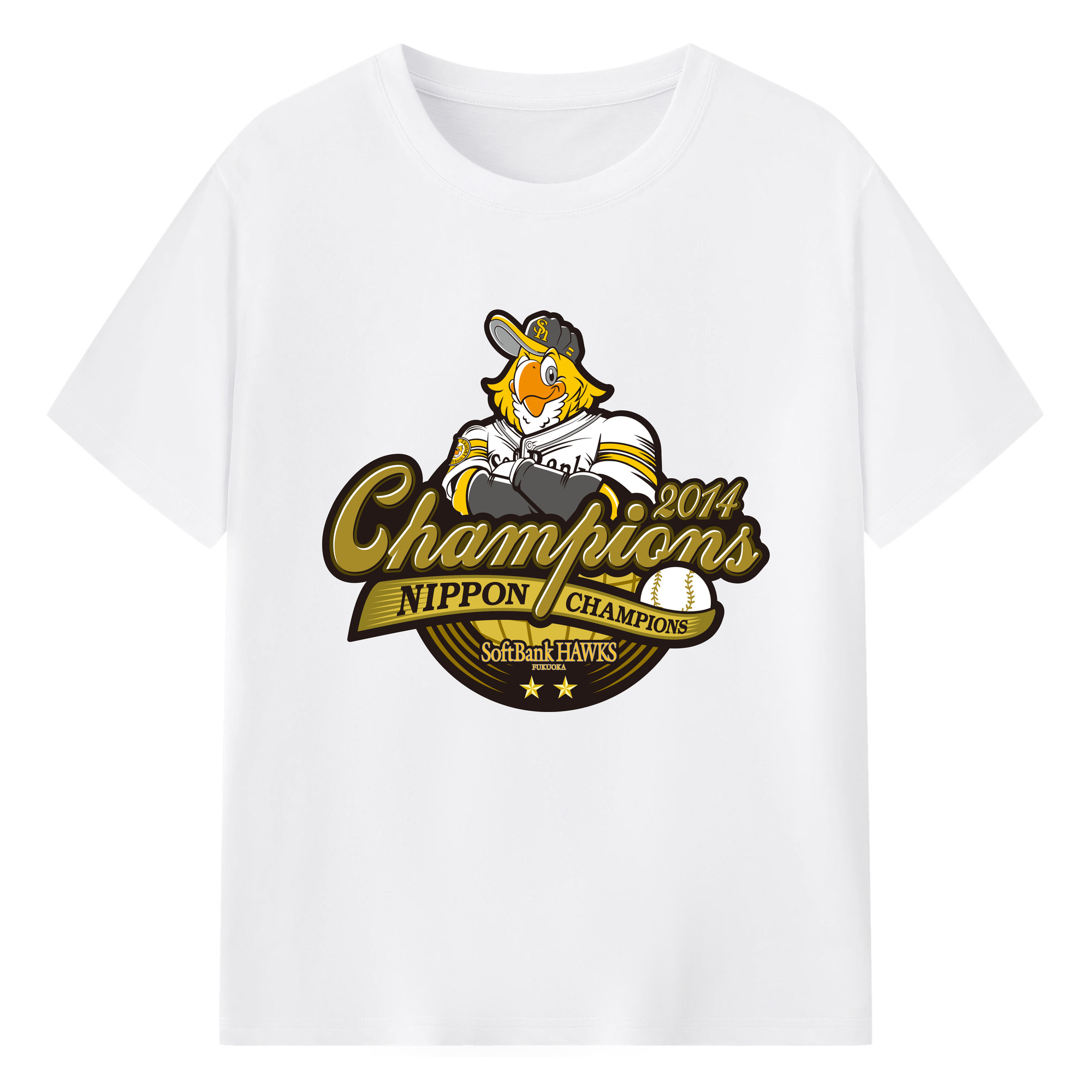 FUKUOKA SOFTBANK HAWKS 2014 NIPPON CHAMPIONS Logo - 綿100％ 半袖Tシャツ ・ フロントプリント ・ 快適 通気性 ・ 日常使い 散歩 スポーツ用