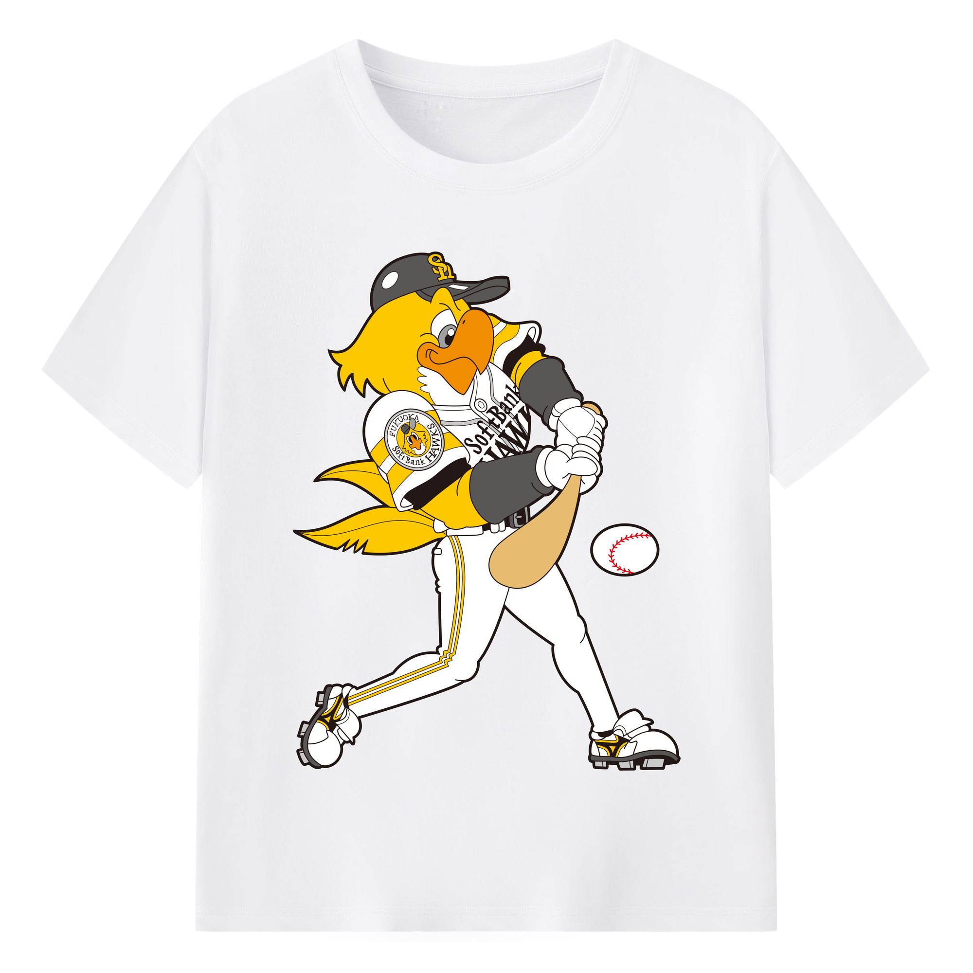 FUKUOKA SOFTBANK HAWKS MASCOT HARRY HAWK APPLICATION BATTING SWING Logo - 綿100％ 半袖Tシャツ ・ フロントプリント ・ 快適 通気性 ・ 日常使い 散歩 スポーツ用