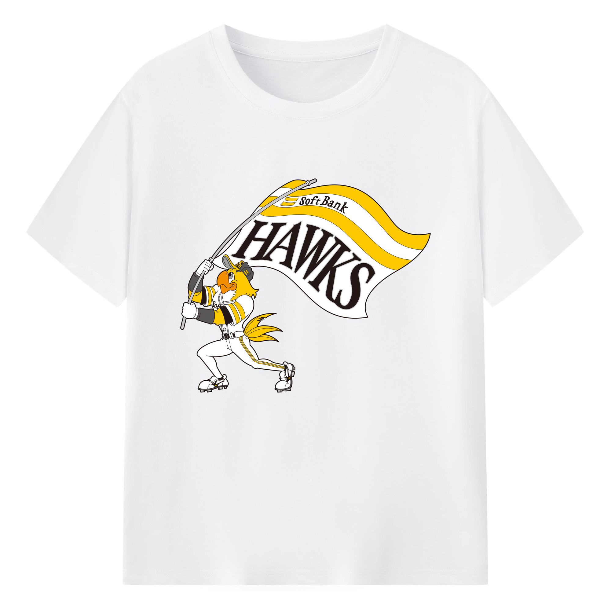 FUKUOKA SOFTBANK HAWKS MASCOT HARRY HAWK FLAG Logo - 綿100％ 半袖Tシャツ ・ フロントプリント ・ 快適 通気性 ・ 日常使い 散歩 スポーツ用