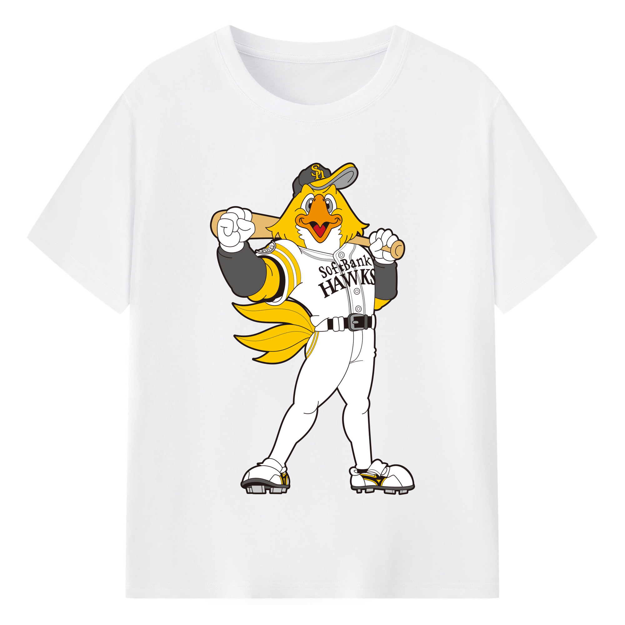 FUKUOKA SOFTBANK HAWKS MASCOT HARRY HAWK APPLICATION STANDING FIGHTING Logo - 綿100％ 半袖Tシャツ ・ フロントプリント ・ 快適 通気性 ・ 日常使い 散歩 スポーツ用