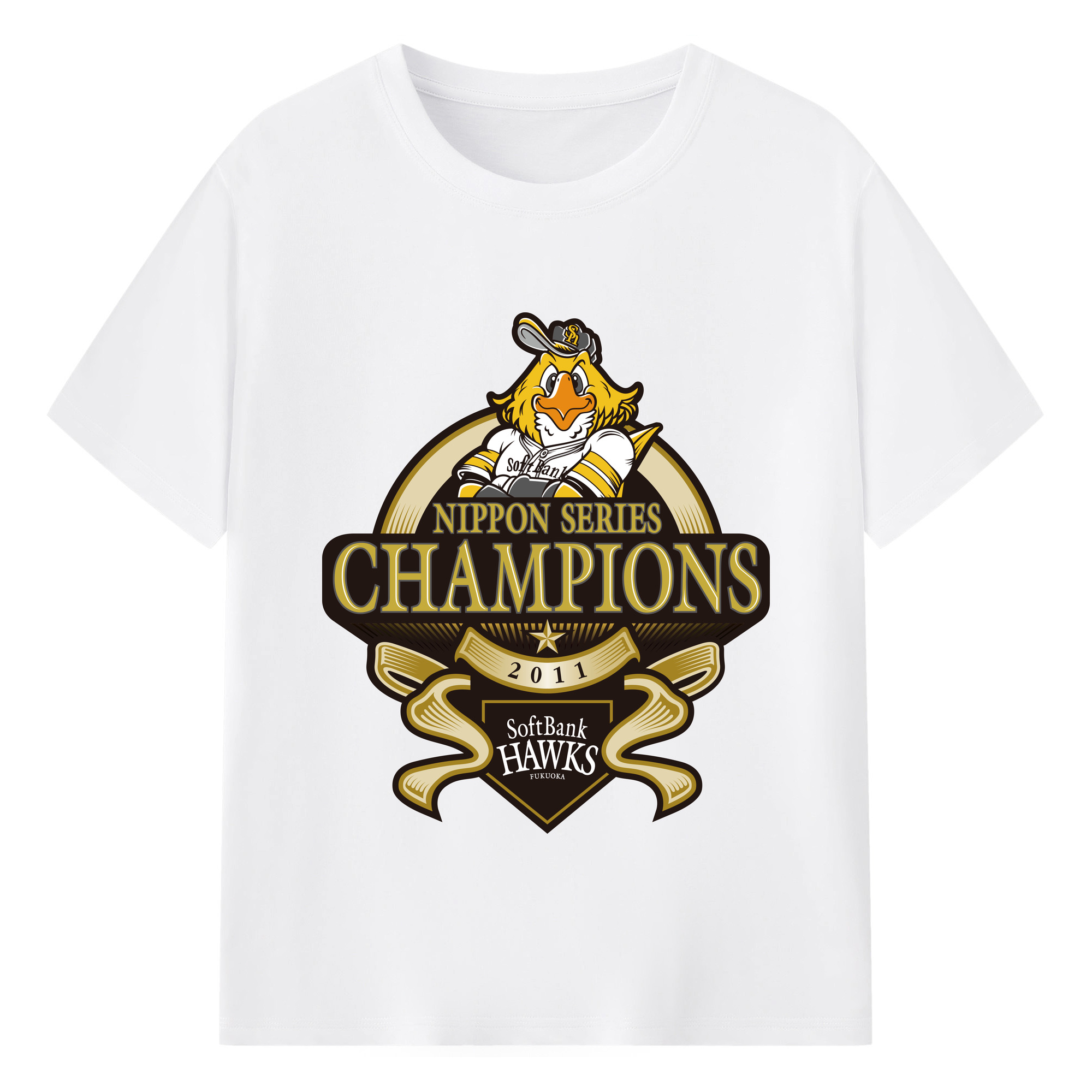 FUKUOKA SOFTBANK HAWKS 2011 NIPPON CHAMPIONS Logo - 綿100％ 半袖Tシャツ ・ フロントプリント ・ 快適 通気性 ・ 日常使い 散歩 スポーツ用