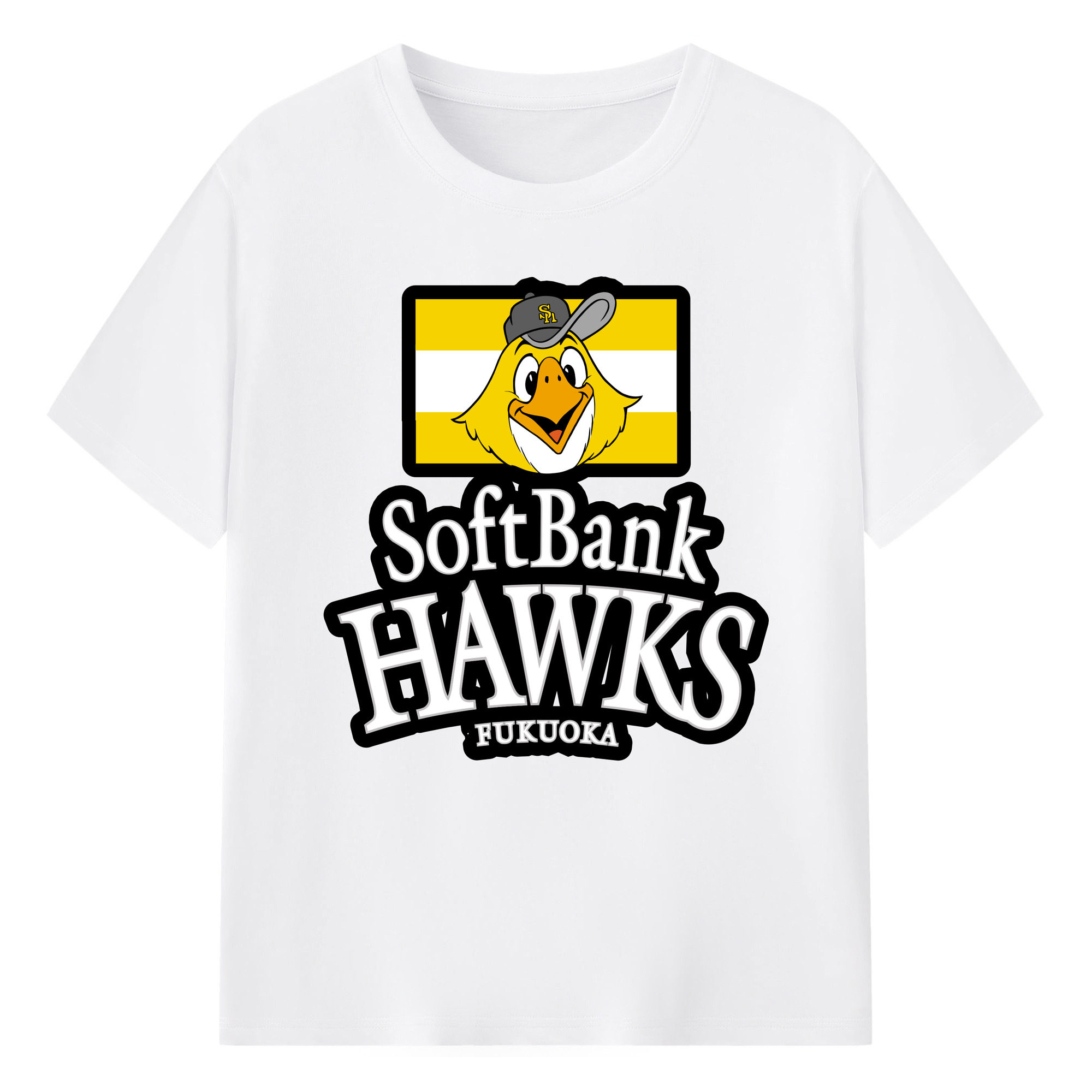 FUKUOKA SOFTBANK HAWKS EMBLEM APPLICATION BORDER LINE Logo - 綿100％ 半袖Tシャツ ・ フロントプリント ・ 快適 通気性 ・ 日常使い 散歩 スポーツ用