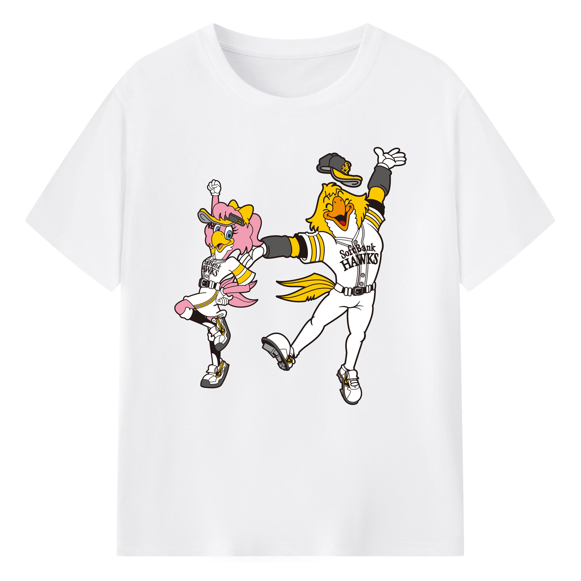 FUKUOKA SOFTBANK HAWKS MASCOT HARRY HAWK HONEY HAWK APPLICATION Logo - 綿100％ 半袖Tシャツ ・ フロントプリント ・ 快適 通気性 ・ 日常使い 散歩 スポーツ用