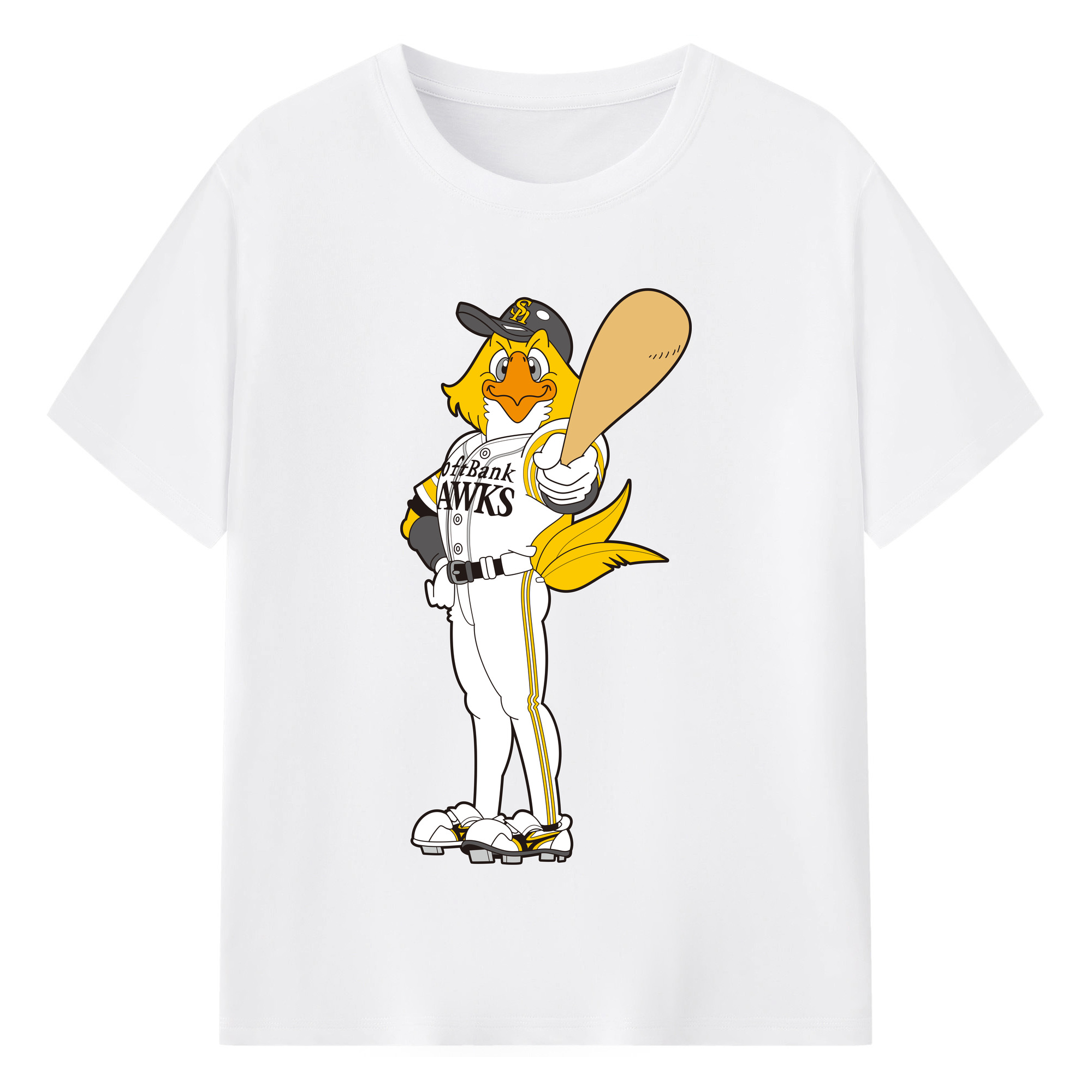 FUKUOKA SOFTBANK HAWKS MASCOT HARRY HAWK APPLICATION Logo - 綿100％ 半袖Tシャツ ・ フロントプリント ・ 快適 通気性 ・ 日常使い 散歩 スポーツ用