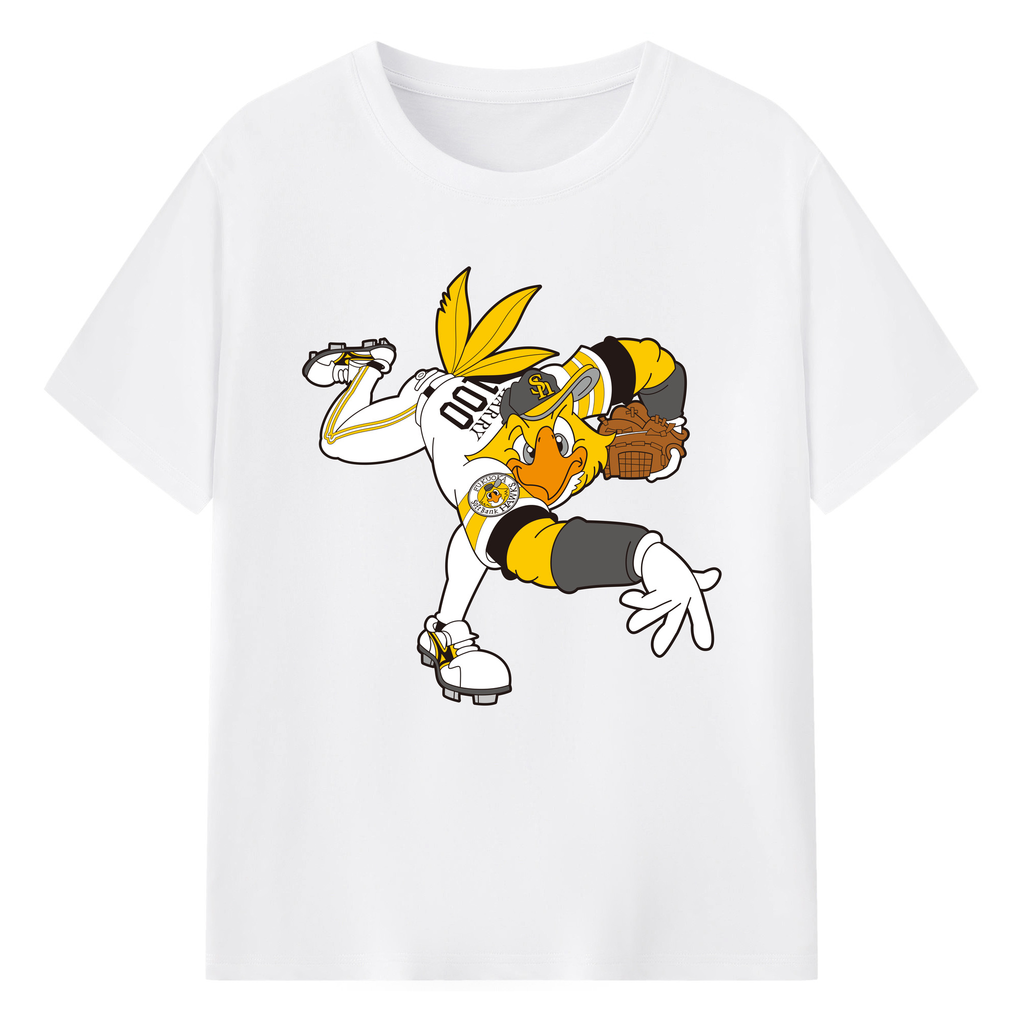 FUKUOKA SOFTBANK HAWKS MASCOT HARRY HAWK APPLICATION PITCHING Logo - 綿100％ 半袖Tシャツ ・ フロントプリント ・ 快適 通気性 ・ 日常使い 散歩 スポーツ用