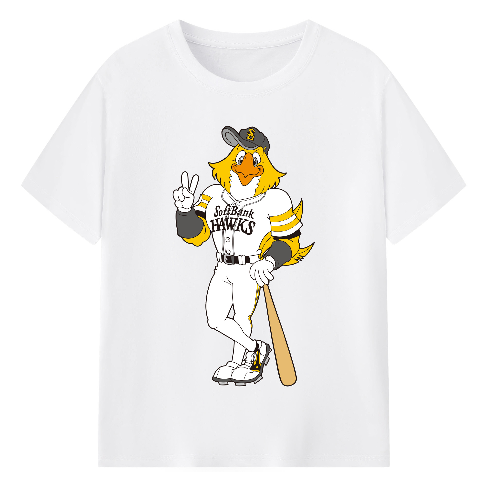 FUKUOKA SOFTBANK HAWKS MASCOT HARRY HAWK APPLICATION BAT STANDING Logo - 綿100％ 半袖Tシャツ ・ フロントプリント ・ 快適 通気性 ・ 日常使い 散歩 スポーツ用