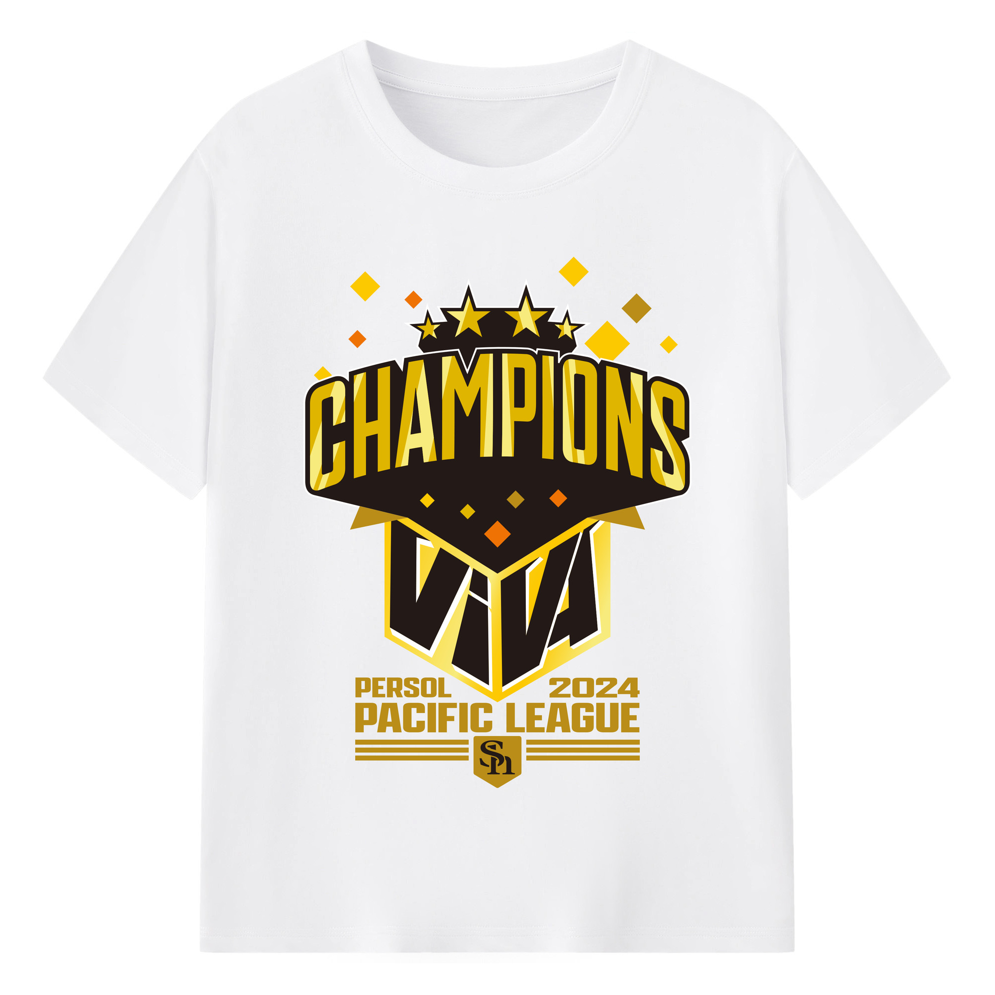 FUKUOKA SOFTBANK HAWKS PERSOL PACIFIC LEAGUE 2024 CHAMPIONS EMBLEM Logo - 綿100％ 半袖Tシャツ ・ フロントプリント ・ 快適 通気性 ・ 日常使い 散歩 スポーツ用