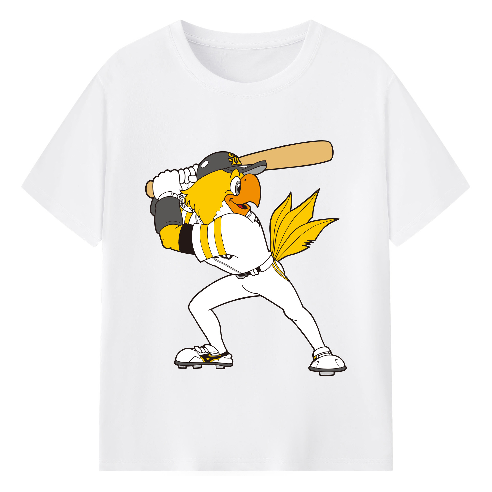 FUKUOKA SOFTBANK HAWKS MASCOT HARRY HAWK BATTING APPLICATION Logo - 綿100％ 半袖Tシャツ ・ フロントプリント ・ 快適 通気性 ・ 日常使い 散歩 スポーツ用