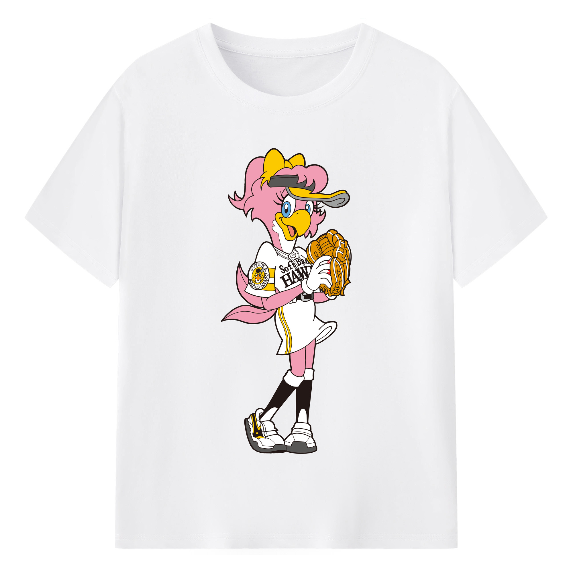 FUKUOKA SOFTBANK HAWKS MASCOT HONEY HAWK APPLICATION Logo - 綿100％ 半袖Tシャツ ・ フロントプリント ・ 快適 通気性 ・ 日常使い 散歩 スポーツ用