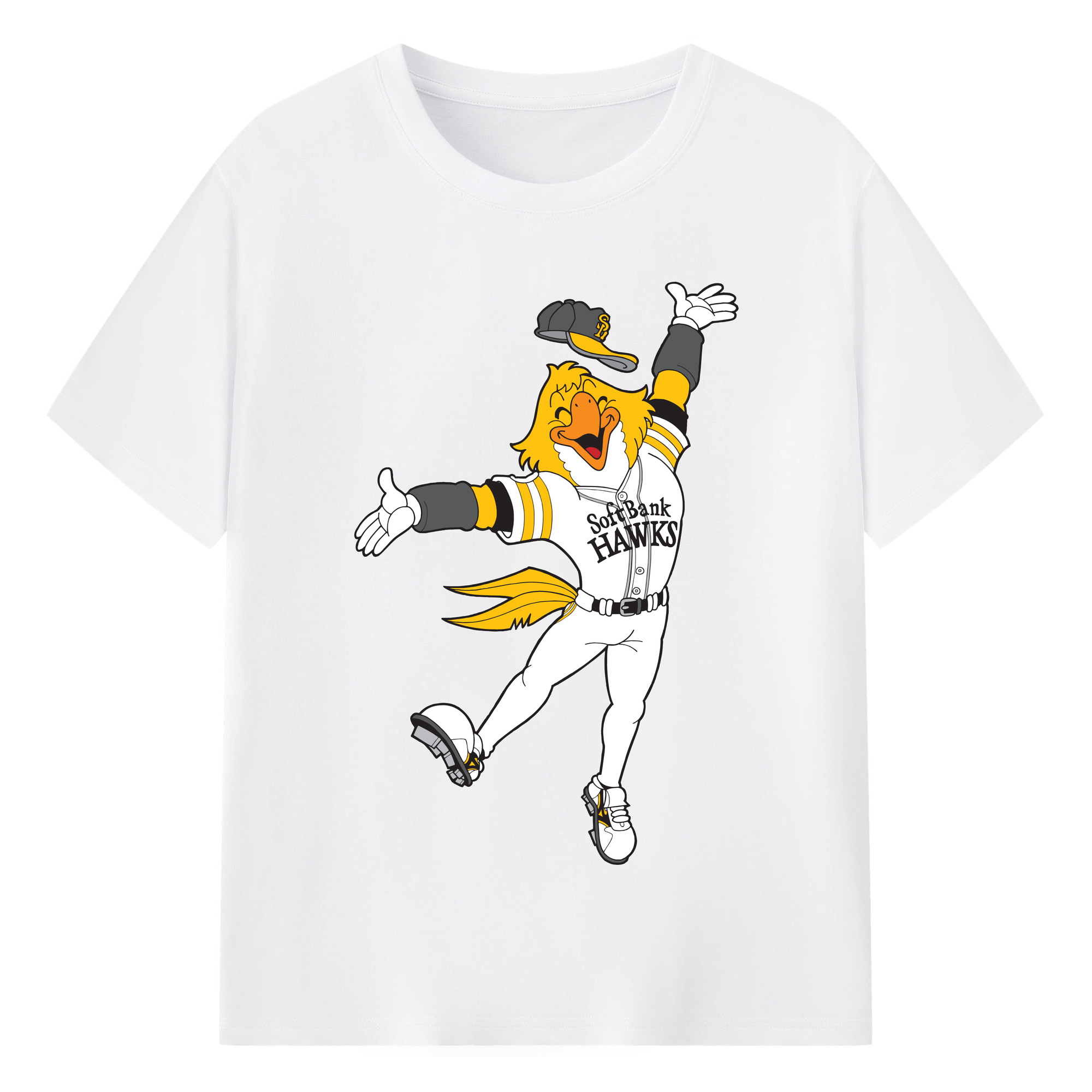 FUKUOKA SOFTBANK HAWKS MASCOT HARRY HAWK APPLICATION SMILE Logo - 綿100％ 半袖Tシャツ ・ フロントプリント ・ 快適 通気性 ・ 日常使い 散歩 スポーツ用