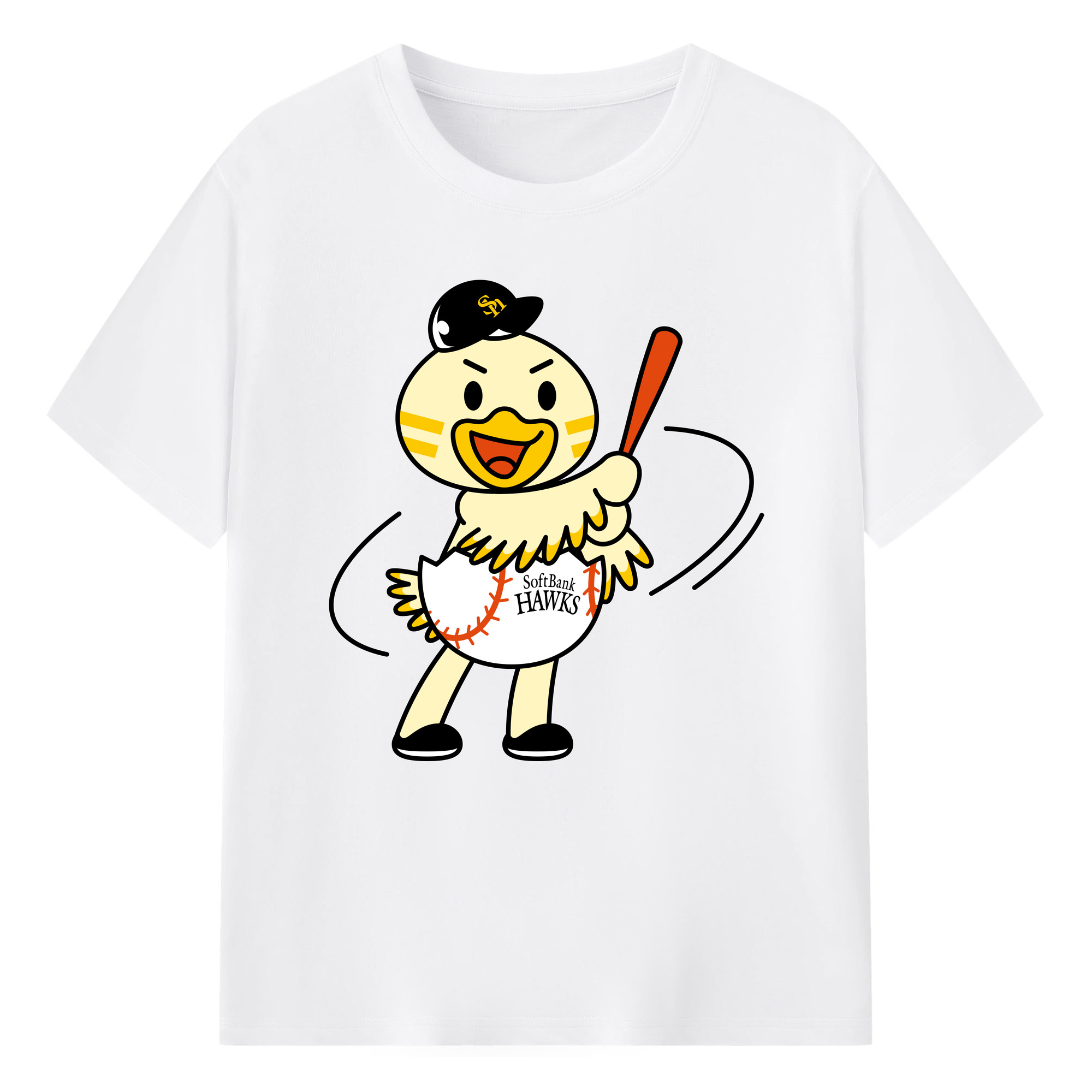 FUKUOKA SOFTBANK HAWKS MASCOT HINAMARU APPLICATION BATTING Logo - 綿100％ 半袖Tシャツ ・ フロントプリント ・ 快適 通気性 ・ 日常使い 散歩 スポーツ用