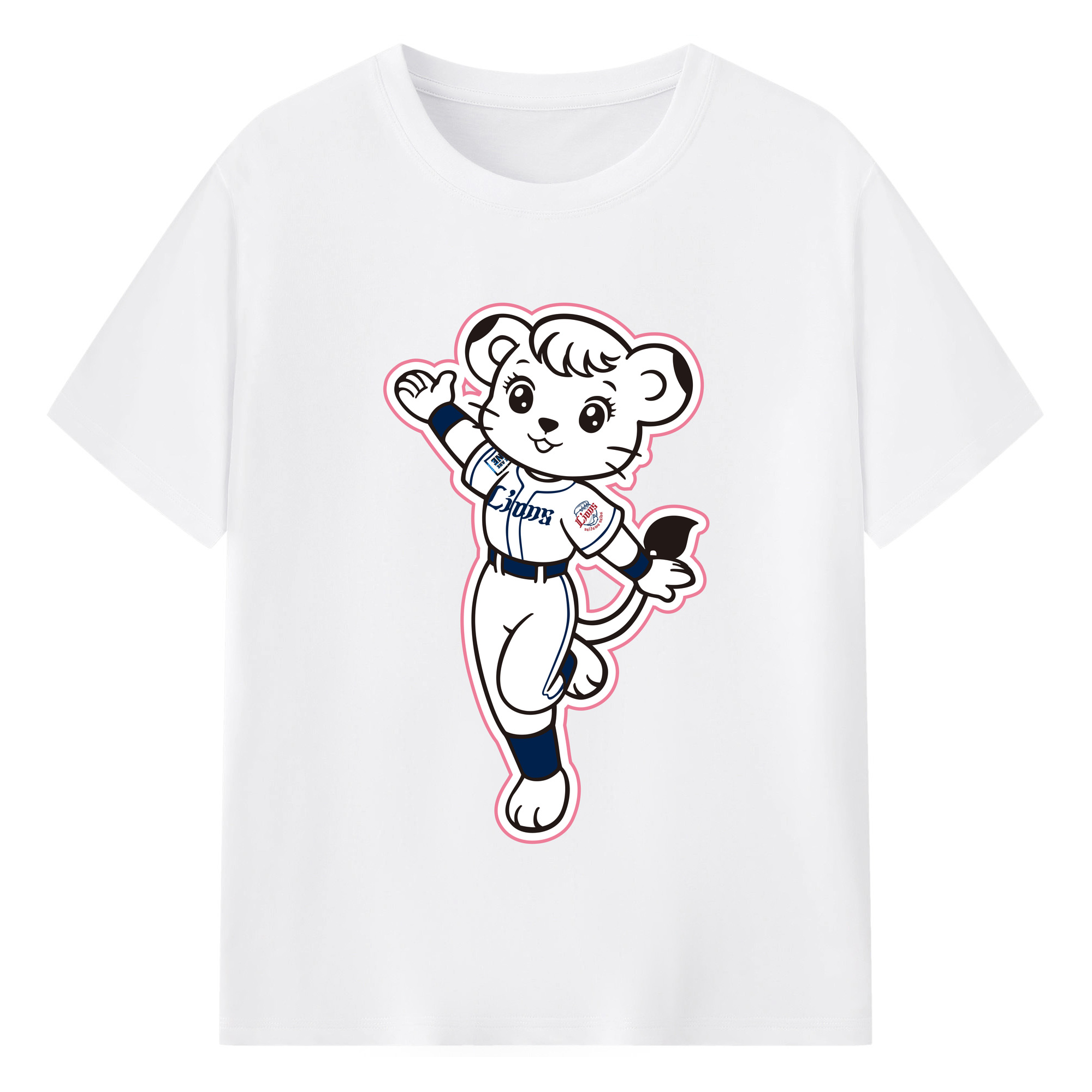 SAITAMA SEIBU LIONS MASCOT LINA 7OTH ANNIVERSARY ORIGINAL APPLICATION BORDER LINE Logo - 綿100％ 半袖Tシャツ ・ フロントプリント ・ 快適 通気性 ・ 日常使い 散歩 スポーツ用