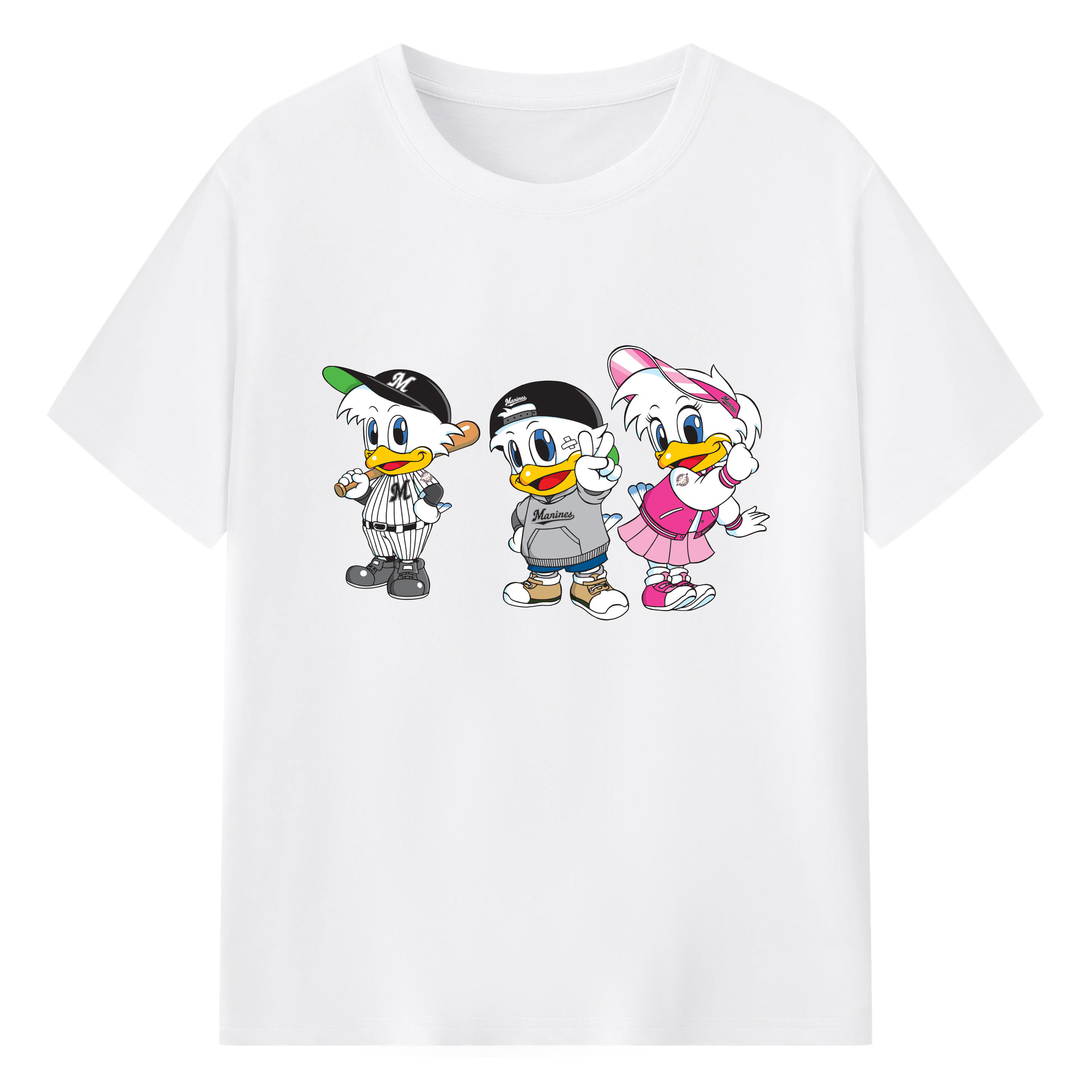 CHIBA LOTTE MARINES MAR-KUN RINE-CHAN ZU-CHAN MASCOT Logo - 綿100％ 半袖Tシャツ ・ フロントプリント ・ 快適 通気性 ・ 日常使い 散歩 スポーツ用