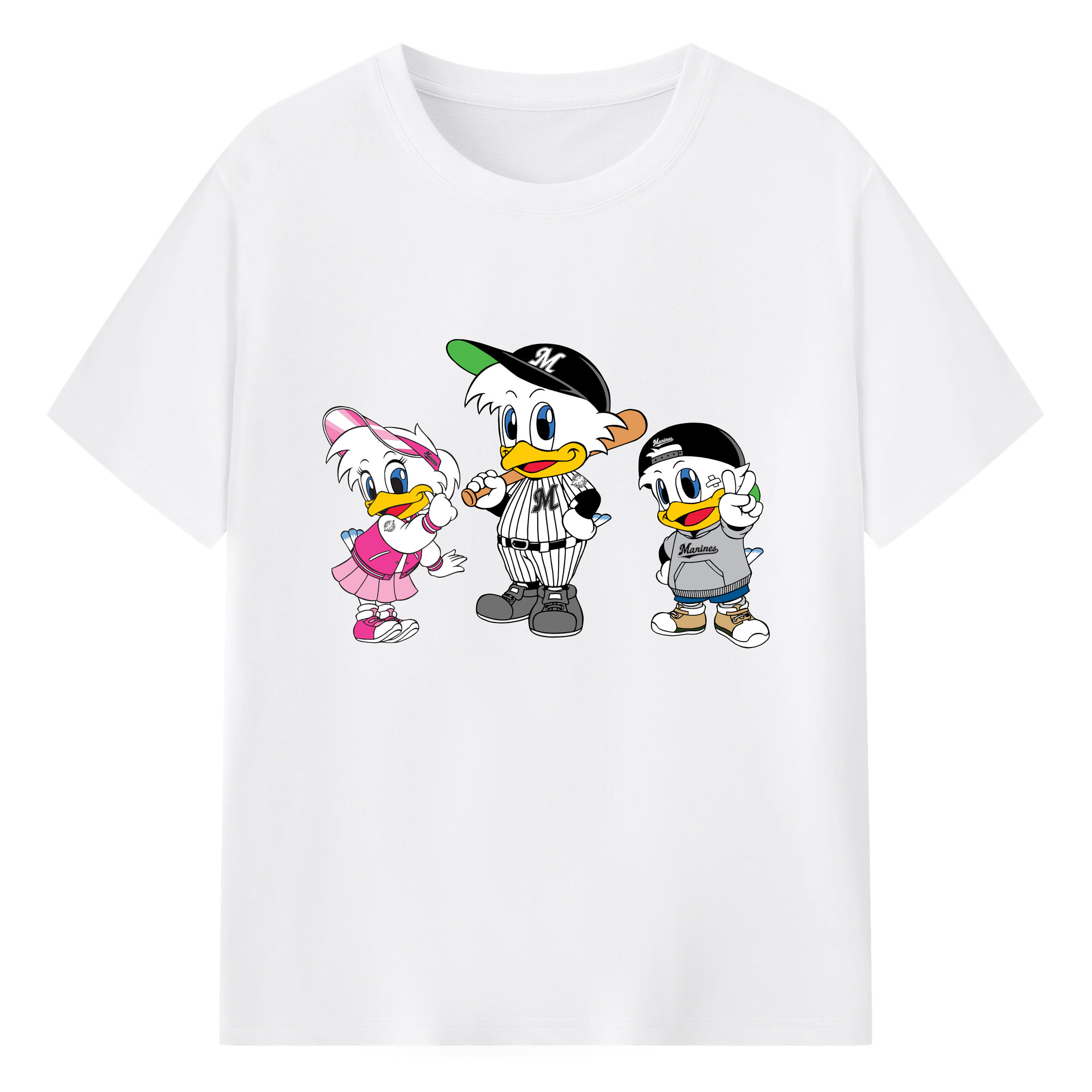 CHIBA LOTTE MARINES MASCOT MAR-KUN RINE-CHAN ZU-CHAN Logo - 綿100％ 半袖Tシャツ ・ フロントプリント ・ 快適 通気性 ・ 日常使い 散歩 スポーツ用
