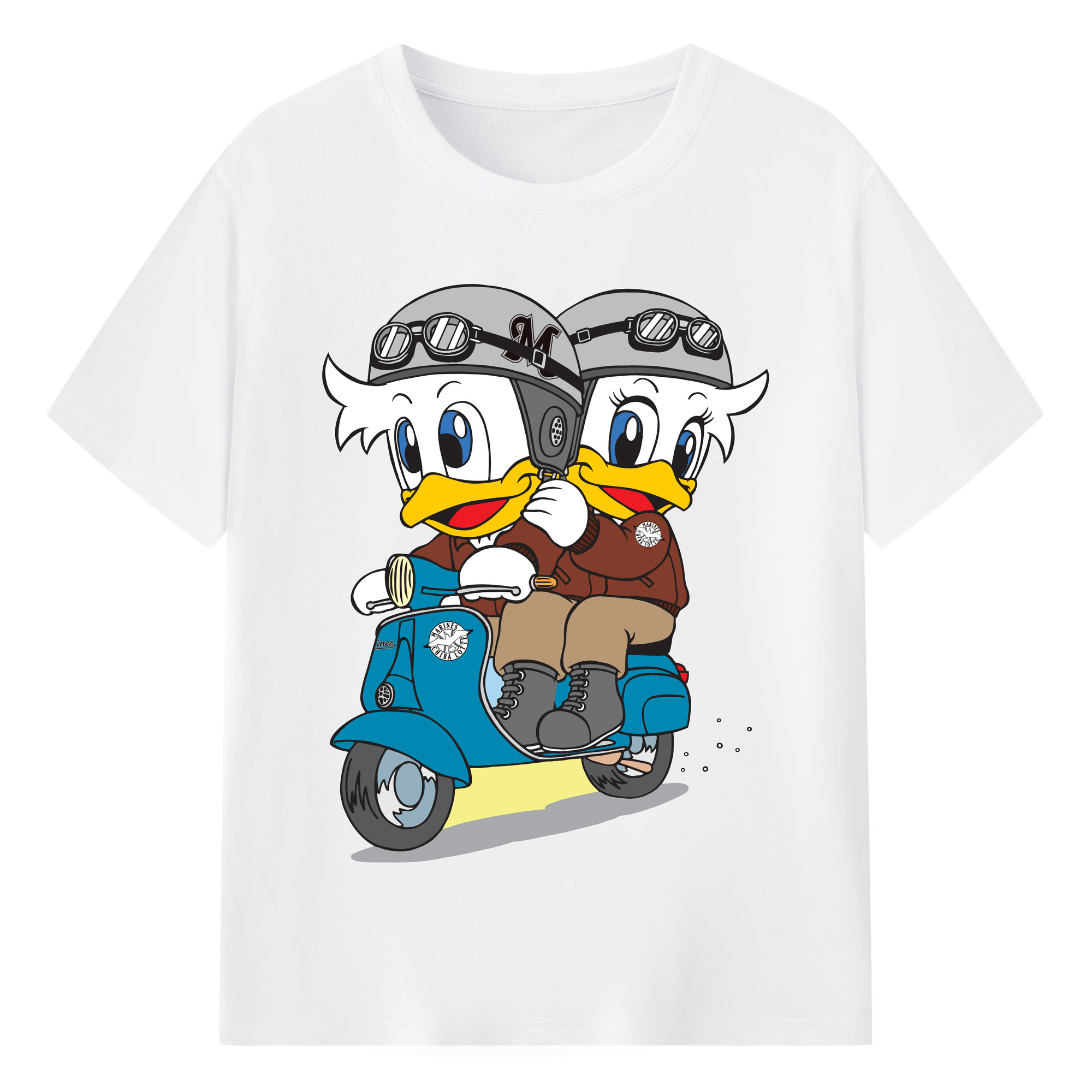 CHIBA LOTTE MARINES MASCOT MAR-KUN RINE-CHAN APPLICATION MOTORCYCLE Logo - 綿100％ 半袖Tシャツ ・ フロントプリント ・ 快適 通気性 ・ 日常使い 散歩 スポーツ用