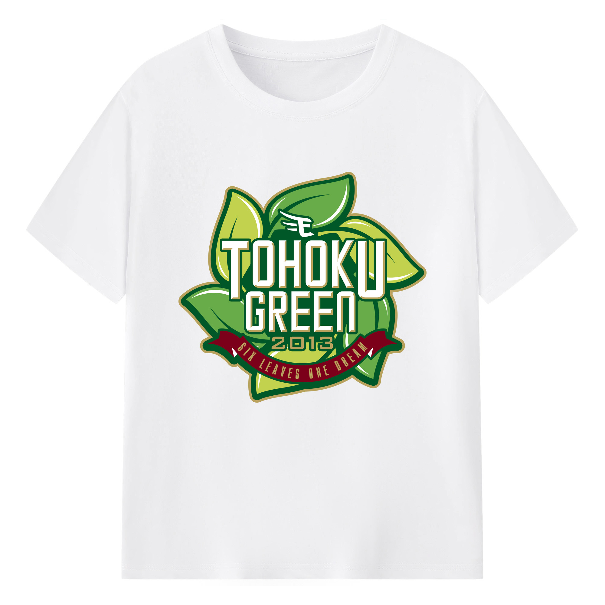 TOHOKU RAKUTEN GOLDEN EAGLES TOHOKU GREEN 2013 SIX LEAVES ONE DREAM Logo - 綿100％ 半袖Tシャツ ・ フロントプリント ・ 快適 通気性 ・ 日常使い 散歩 スポーツ用
