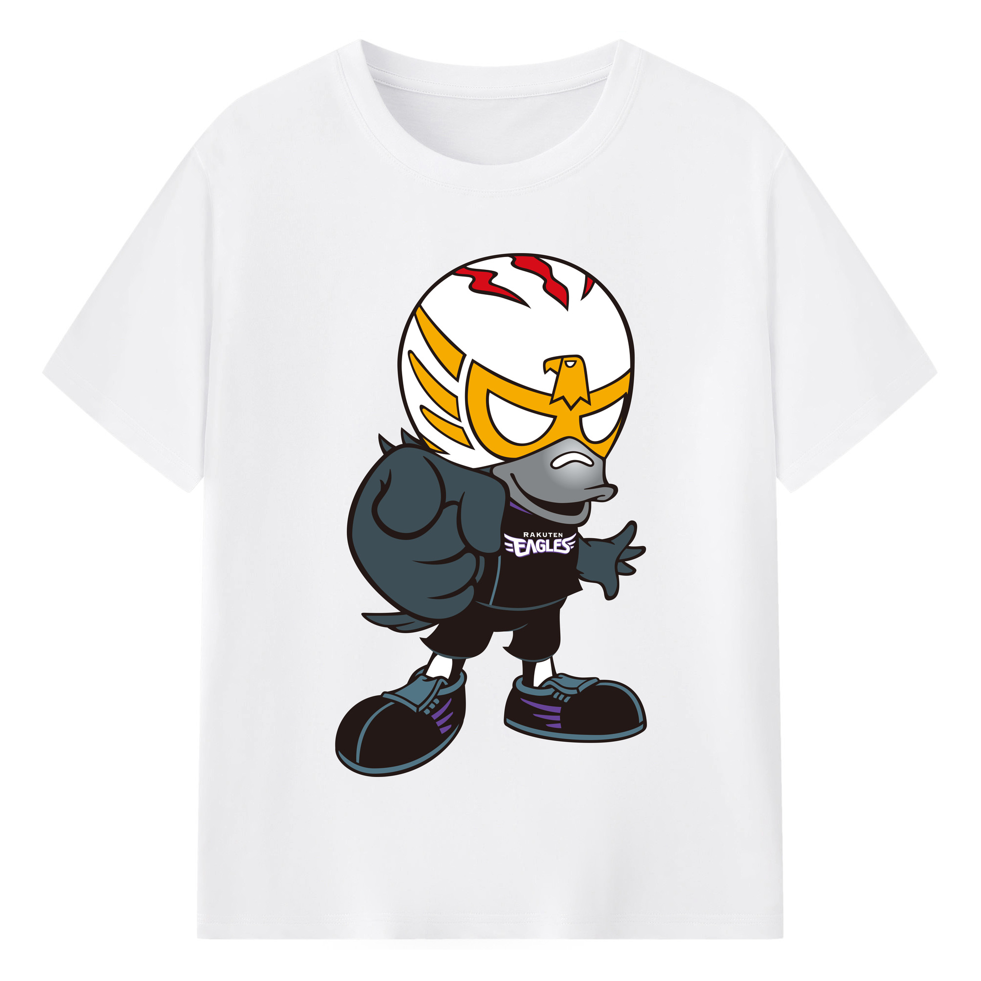 TOHOKU RAKUTEN GOLDEN EAGLES MASCOT MR.CARRASCO Logo - 綿100％ 半袖Tシャツ ・ フロントプリント ・ 快適 通気性 ・ 日常使い 散歩 スポーツ用