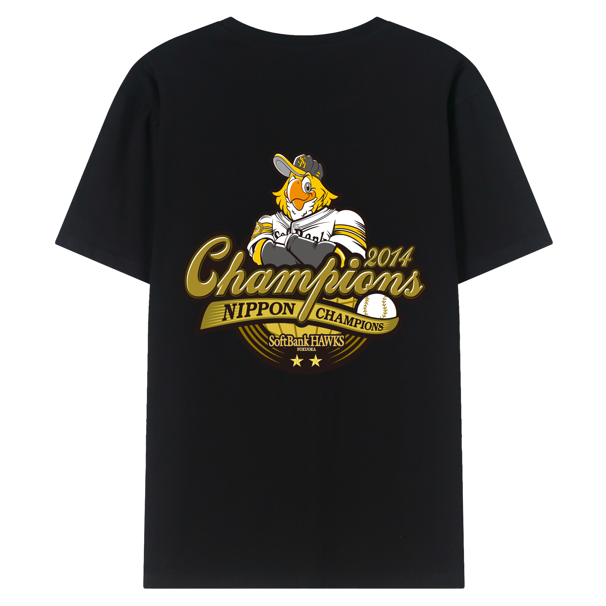 FUKUOKA SOFTBANK HAWKS 2014 NIPPON CHAMPIONS Logo - 綿100％ 半袖Tシャツ ・ バックプリント ・ 快適 通気性 ・ 日常使い 散歩 スポーツ用