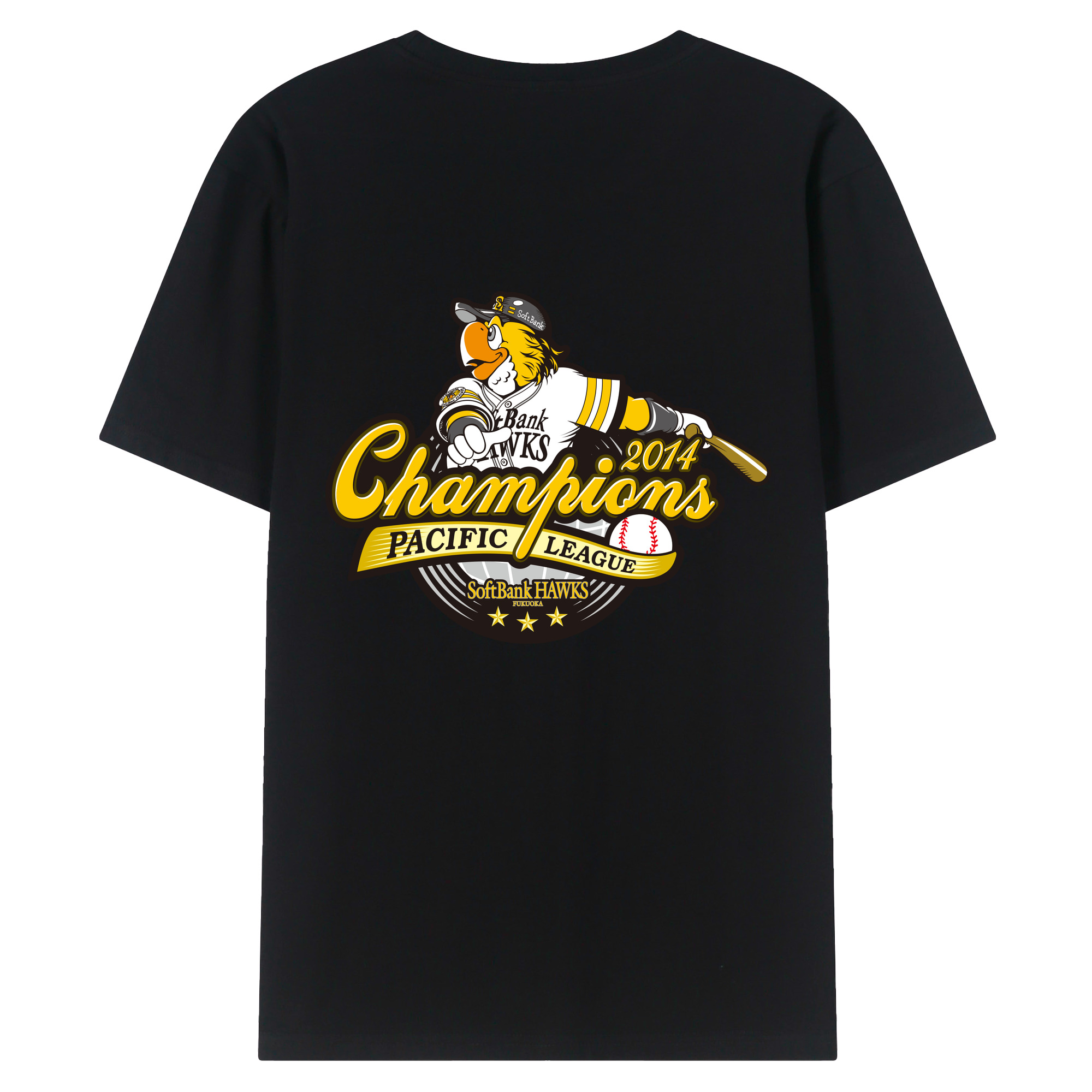 FUKUOKA SOFTBANK HAWKS PACIFIC LEAGUE 2014 CHAMPIONS Logo - 綿100％ 半袖Tシャツ ・ バックプリント ・ 快適 通気性 ・ 日常使い 散歩 スポーツ用