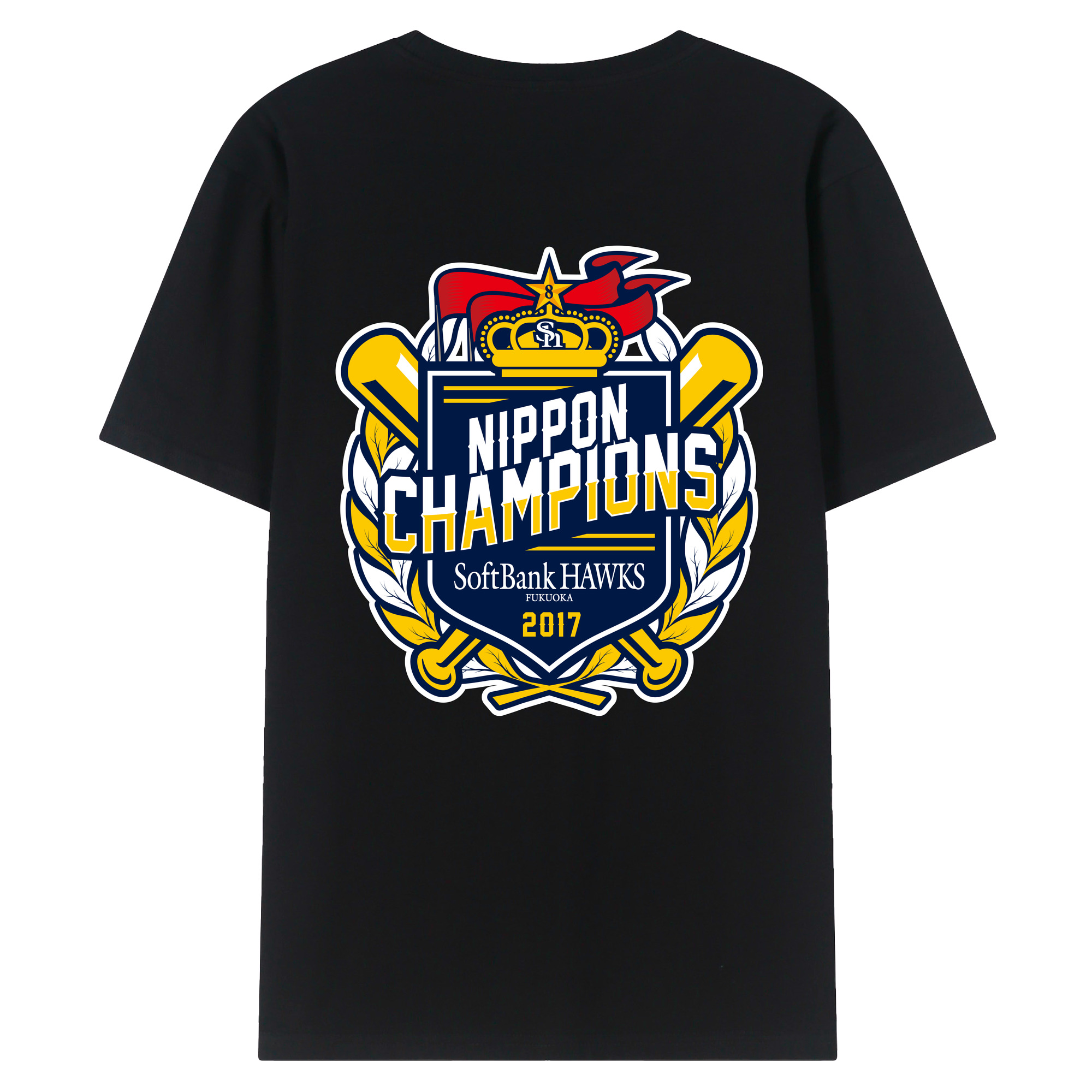 FUKUOKA SOFTBANK HAWKS 2017 NIPPON CHAMPIONS Logo - 綿100％ 半袖Tシャツ ・ バックプリント ・ 快適 通気性 ・ 日常使い 散歩 スポーツ用
