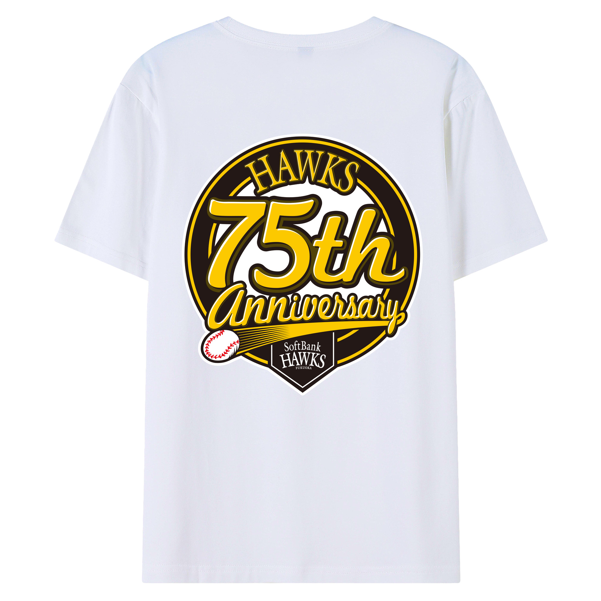FUKUOKA SOFTBANK HAWKS 75TH ANNIVERSARY EMBLEM Logo - 綿100％ 半袖Tシャツ ・ バックプリント ・ 快適 通気性 ・ 日常使い 散歩 スポーツ用