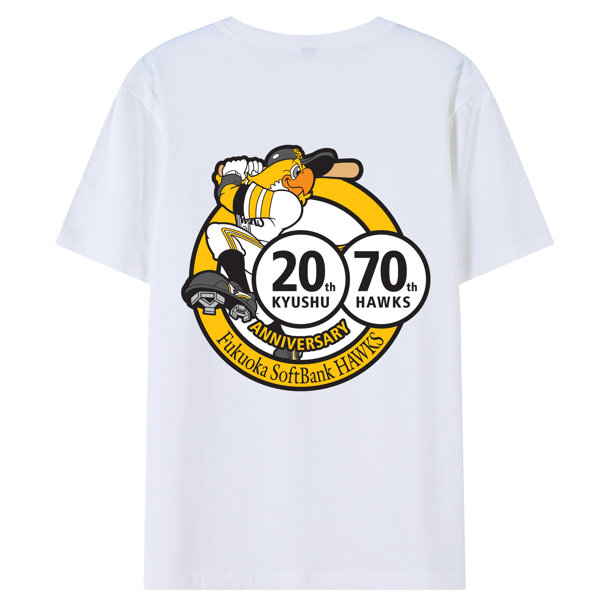 FUKUOKA SOFTBANK HAWKS 20TH KYUSHU 70TH HAWKS ANNIVERSARY EMBLEM Logo - 綿100％ 半袖Tシャツ ・ バックプリント ・ 快適 通気性 ・ 日常使い 散歩 スポーツ用