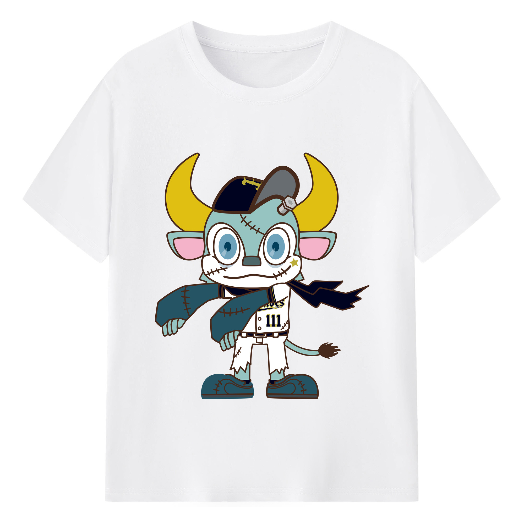 ORIX BUFFALOES MASCOT BUFFALO BULL APPLICATION HALLOWEEN Logo - 綿100％ 半袖Tシャツ ・ フロントプリント ・ 快適 通気性 ・ 日常使い 散歩 スポーツ用