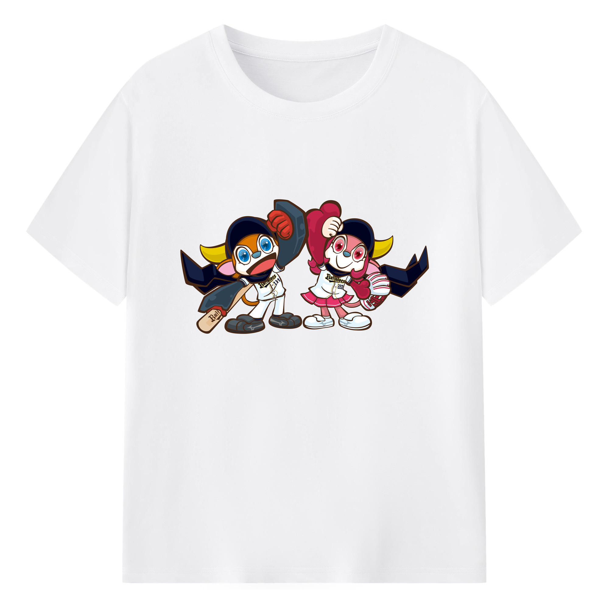 ORIX BUFFALOES MASCOT BUFFALO BULL BUFFALO BELL FIGHTING Logo - 綿100％ 半袖Tシャツ ・ フロントプリント ・ 快適 通気性 ・ 日常使い 散歩 スポーツ用