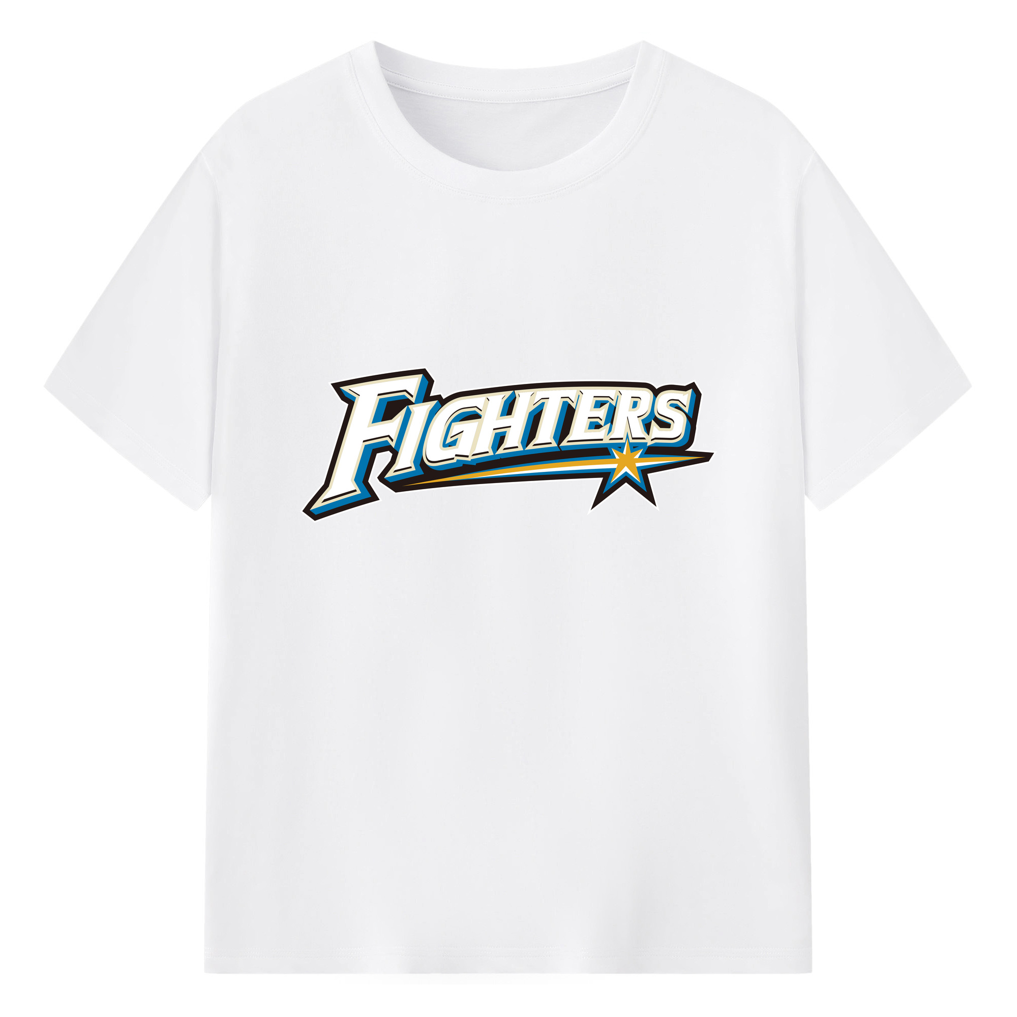 HOKKAIDO NIPPON-HAM FIGHTERS WORDMARK SHADOW Logo - 綿100％ 半袖Tシャツ ・ フロントプリント ・ 快適 通気性 ・ 日常使い 散歩 スポーツ用