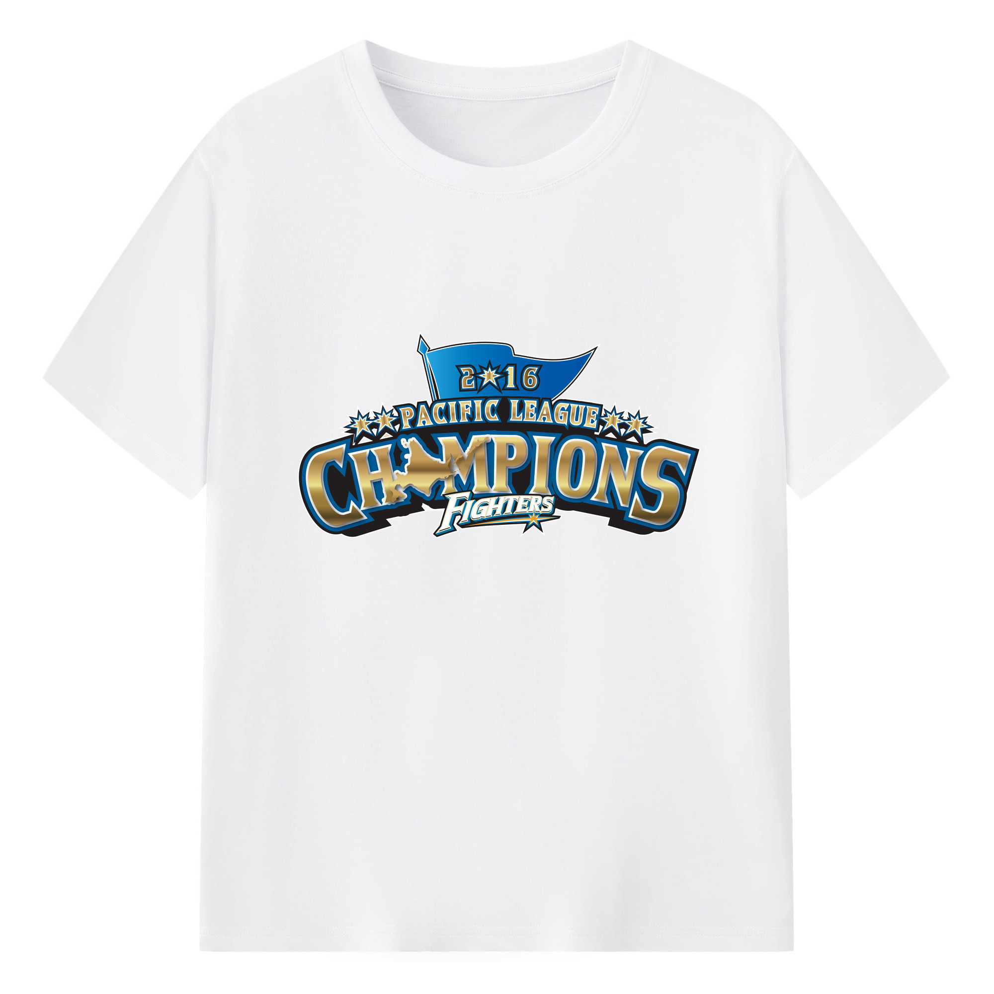HOKKAIDO NIPPON-HAM FIGHTERS 2016 PACIFIC LEAGUE CHAMPIONS EMBLEM Logo - 綿100％ 半袖Tシャツ ・ フロントプリント ・ 快適 通気性 ・ 日常使い 散歩 スポーツ用