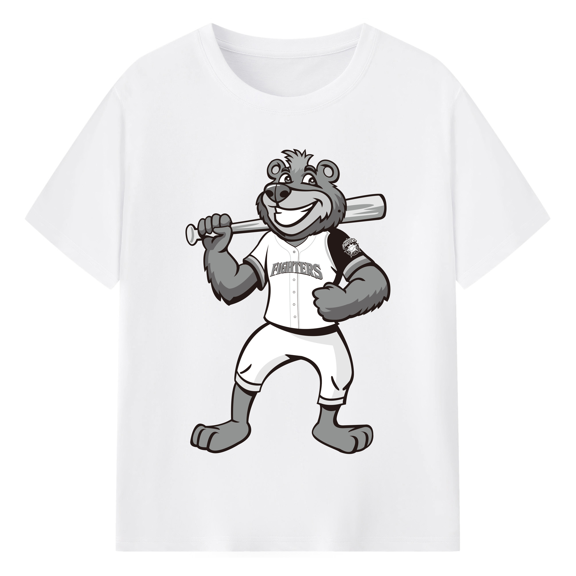 HOKKAIDO NIPPON-HAM FIGHTERS MASCOT BRISKY THE BEAR 2004 White Black Logo - 綿100％ 半袖Tシャツ ・ フロントプリント ・ 快適 通気性 ・ 日常使い 散歩 スポーツ用