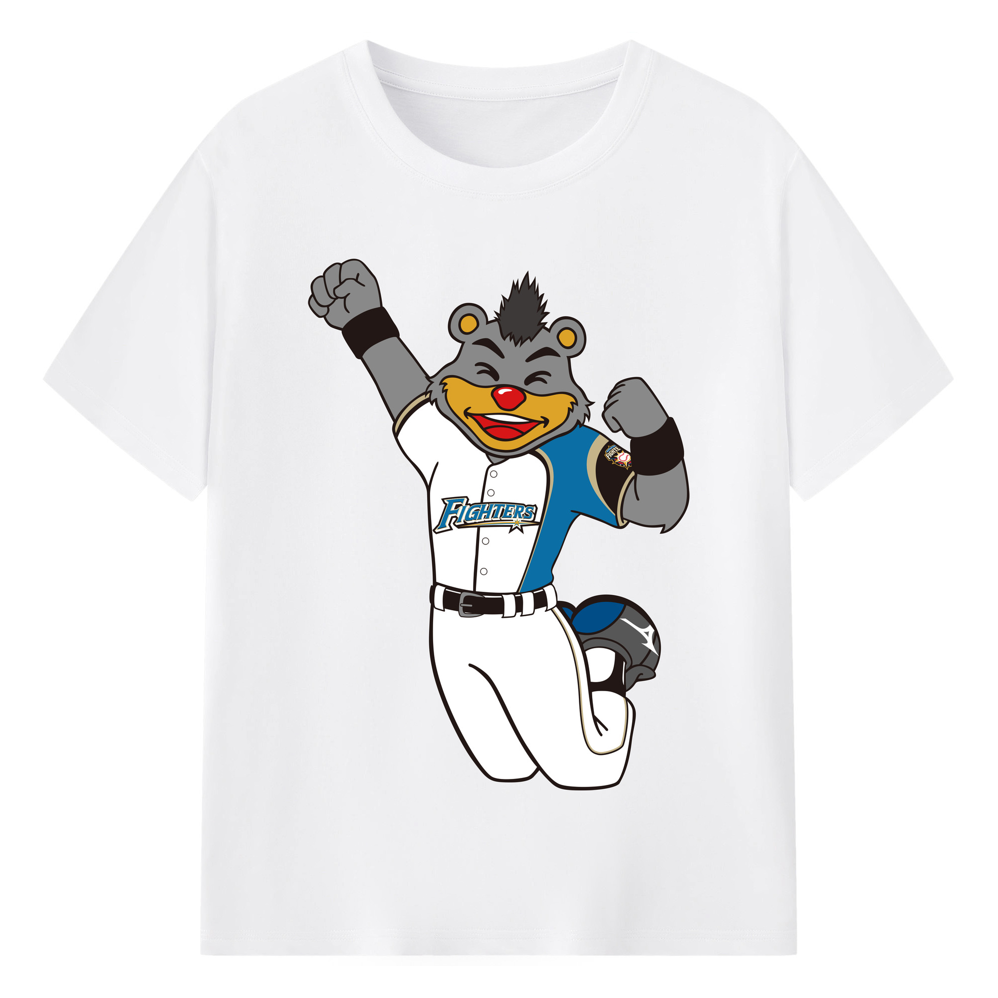 HOKKAIDO NIPPON-HAM FIGHTERS MASCOT BRISKY THE BEAR APPLICATION JUMPING Logo - 綿100％ 半袖Tシャツ ・ フロントプリント ・ 快適 通気性 ・ 日常使い 散歩 スポーツ用